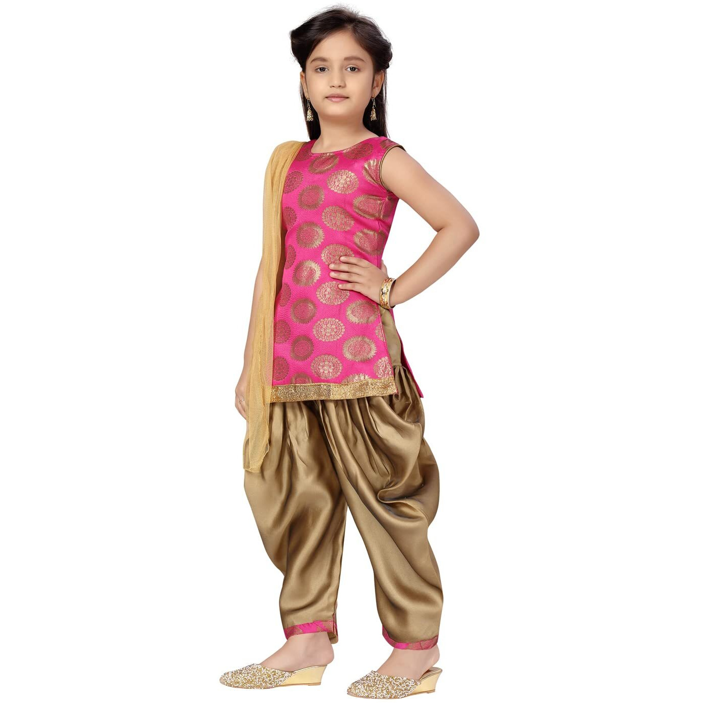Aarika Girl's Silk Kurti Patiala Set (Pt-18541_Rani-Gold_36)