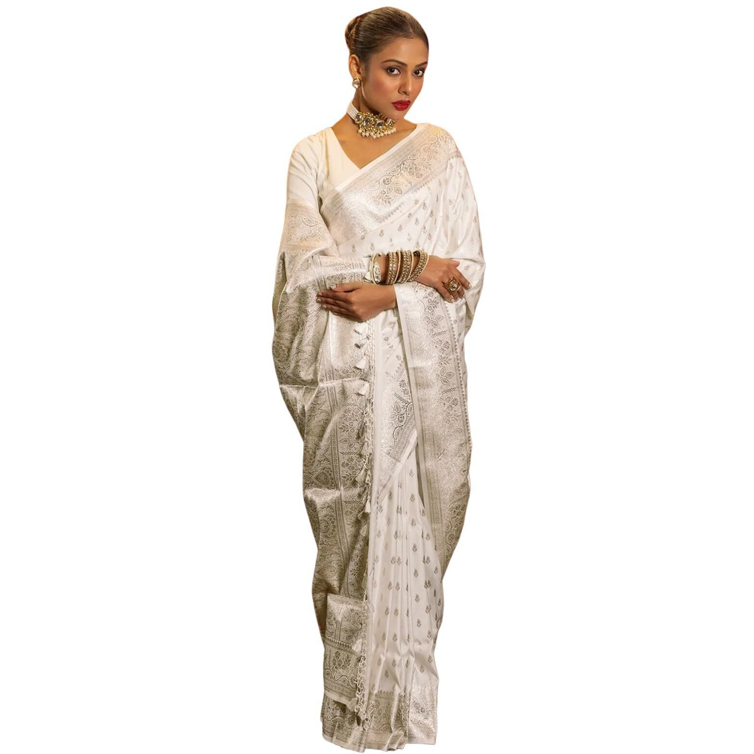 Satrani Women's Silk Weaving Kanjivaram Saree With Unstitched Blouse Piece (4181S113N_White)