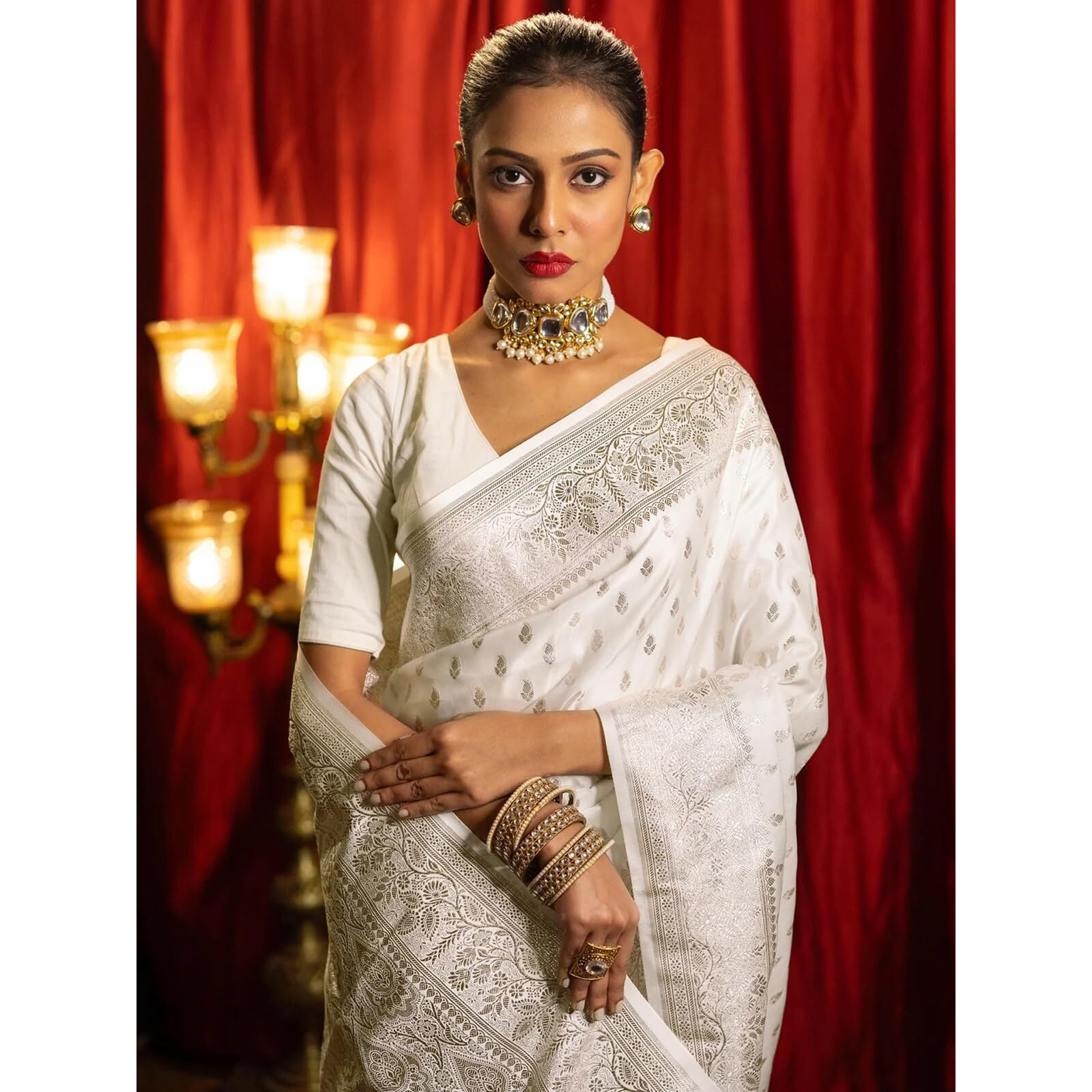 Satrani Women's Silk Weaving Kanjivaram Saree With Unstitched Blouse Piece (4181S113N_White)