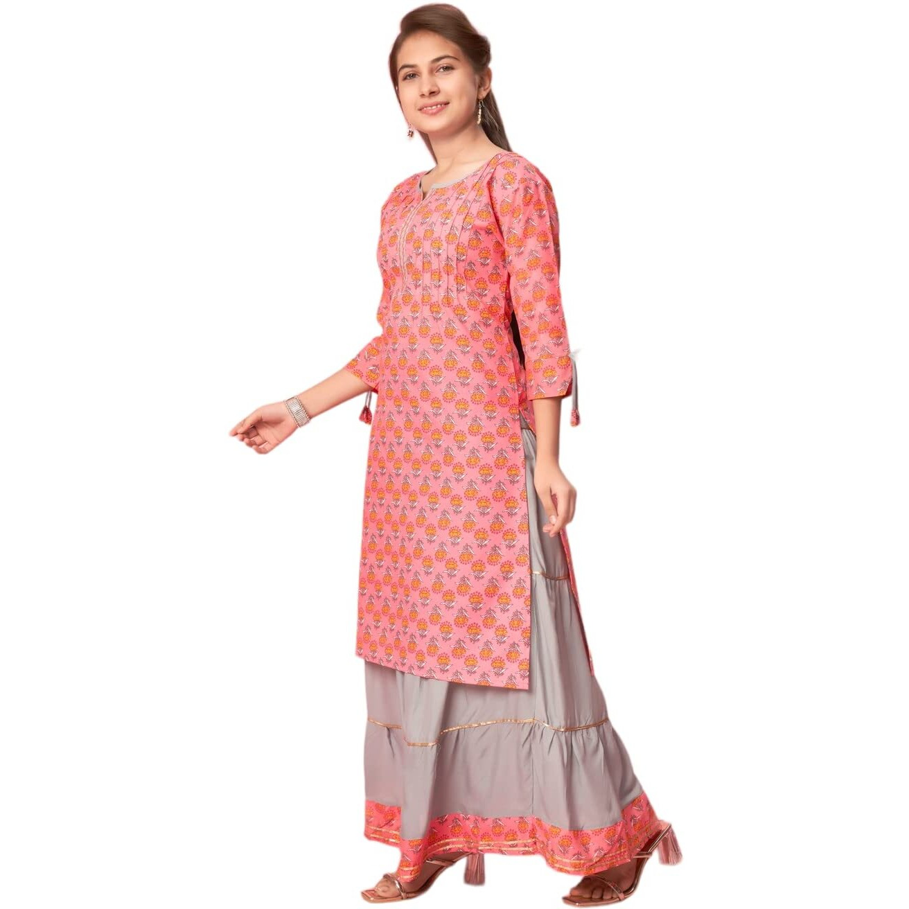 Aarika Girls Gajri-Grey Colour Cotton Printed Kurti Skirt Set (Ks-Gh-K-480-Gajri-40)