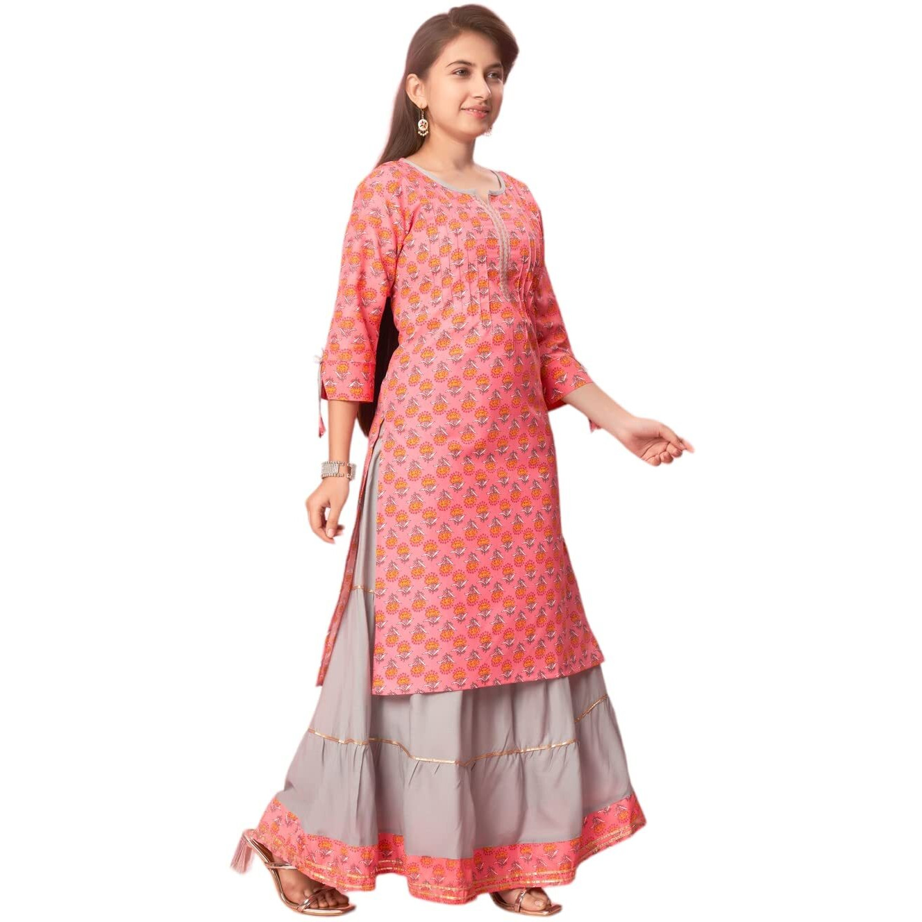 Aarika Girls Gajri-Grey Colour Cotton Printed Kurti Skirt Set (Ks-Gh-K-480-Gajri-40)