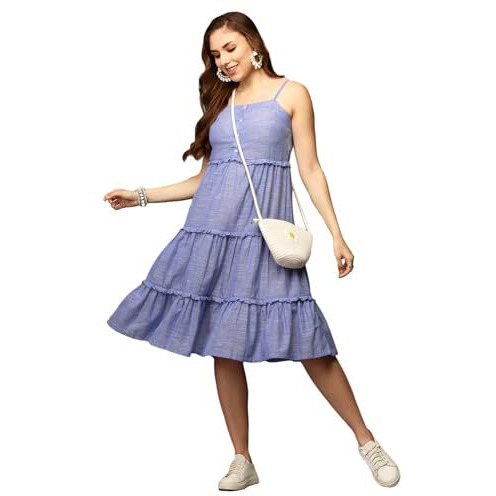 Anubhutee Women Chambray Blue Dress With Shoulder Straps