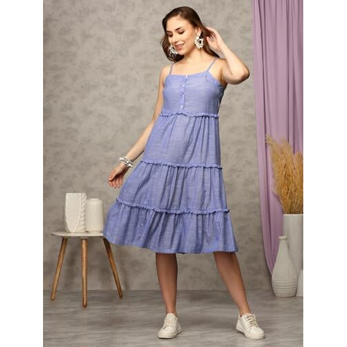 Anubhutee Women Chambray Blue Dress With Shoulder Straps