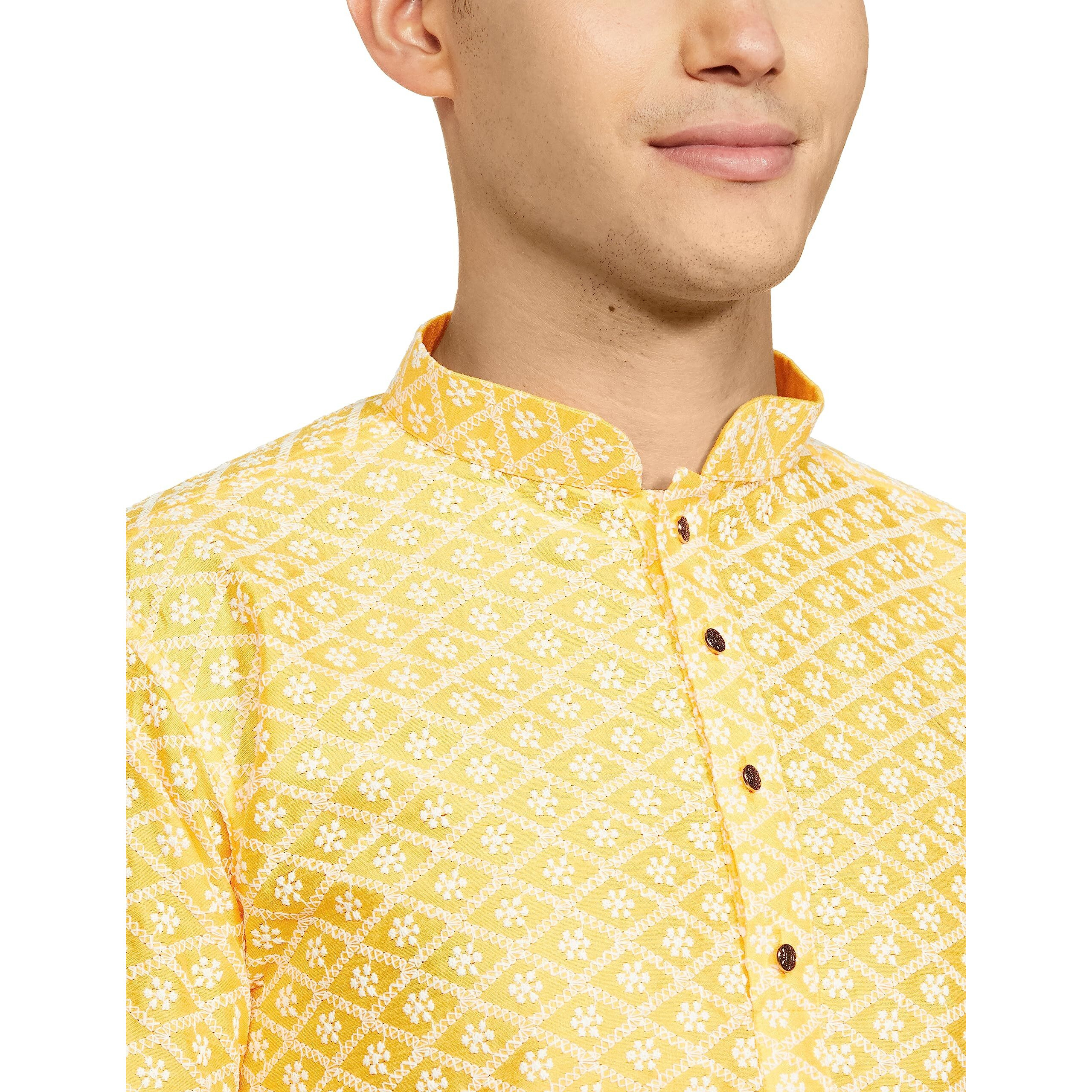 Be Active Men's Traditional Embroidered Lucknowi Full Sleeves Kurta || Cotton Kurta For Men || Men Kurta For Wedding || Kurta For Men (Rfsk0013-Kr 13 Xxl) Yellow
