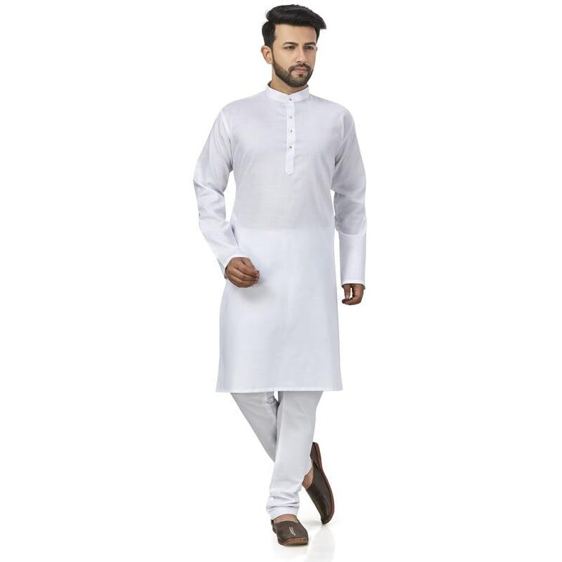 Be Active 100% Cotton Stylish Trendy Solid Pattern Full Sleeve Comfortable Men's Kurta Pyjama Set Gives Rich Look Rfsk0001_1_Set_L White