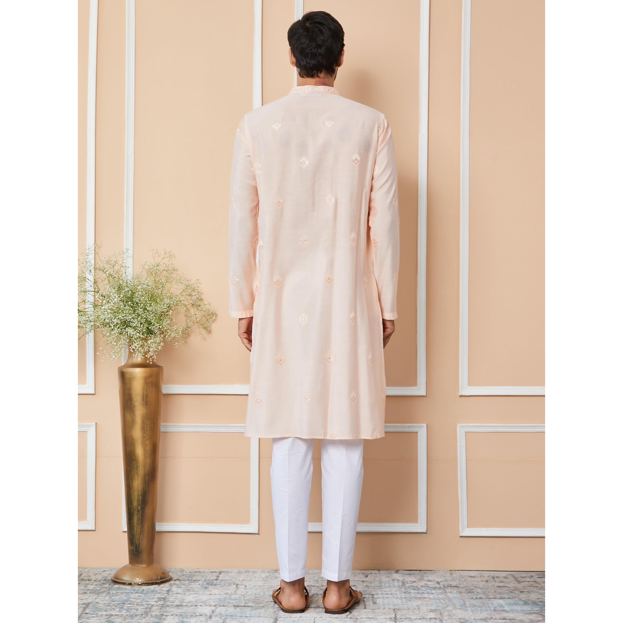 See Designs Men's Long Sleeve Mandarin Collar Side Slit Peach Embroidered Pure Chanderi Silk Straight Kurta - Sdkt2547L
