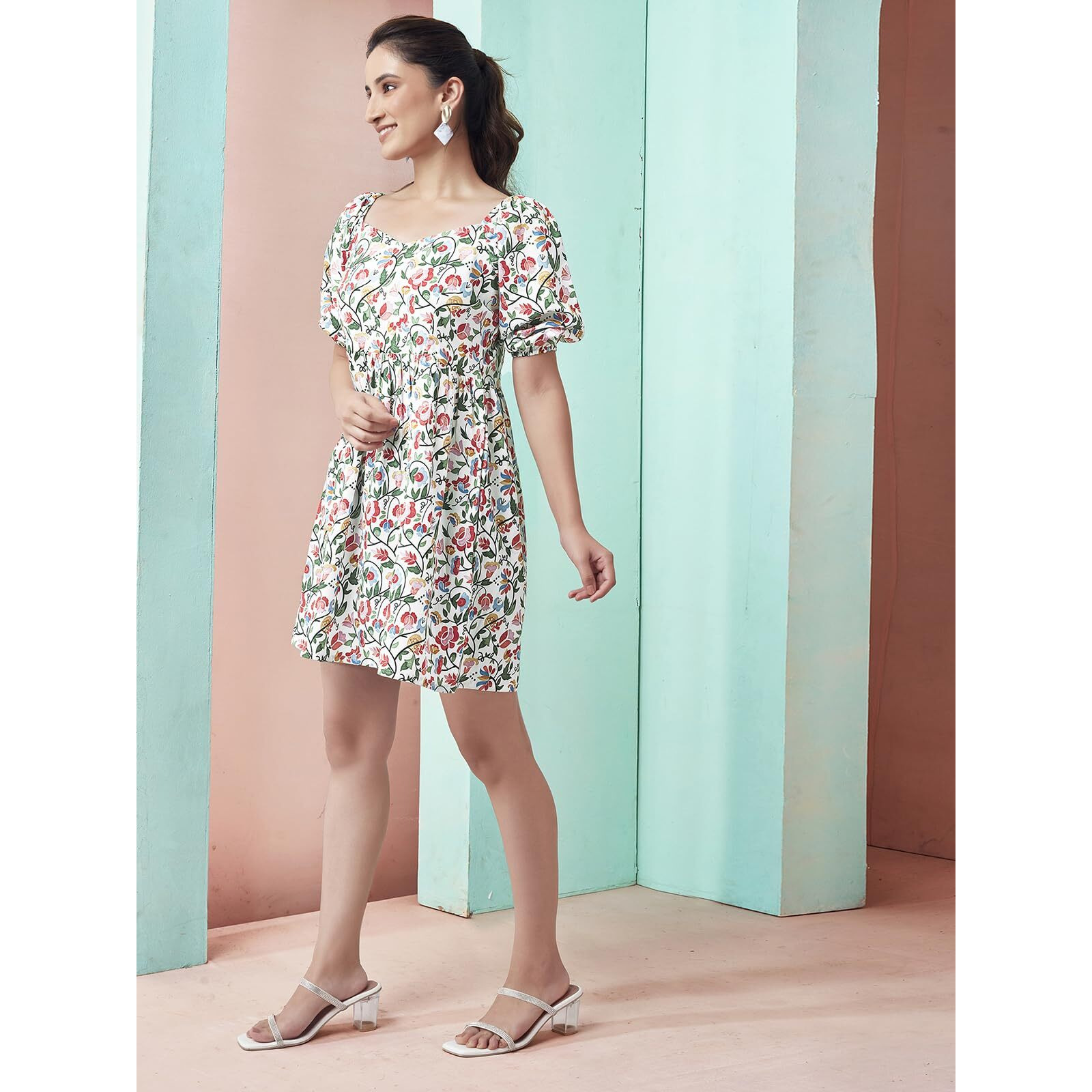 Selvia Western Dress For Women| Floral Printed Short Sleeve Crepe Western Dress For Women | Sweetheart Neck A-Line Dress For Women | One Piece Dress For Women (644Dtk655N-Xs_White & Multi)