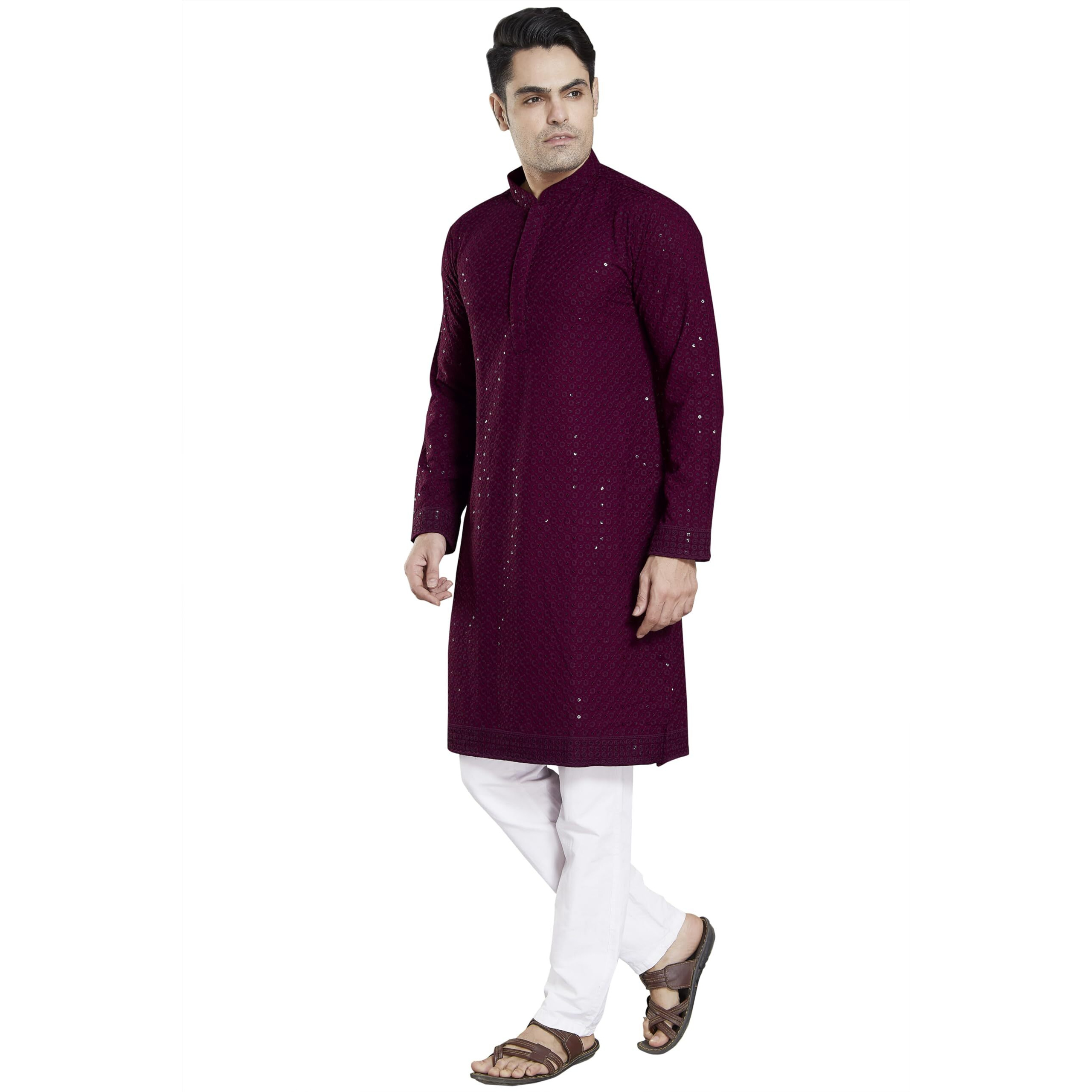 Divisive Men's Sequince Embroidered Cotton Blend Slim Fit Kurta Pyjama Set (Dkrt34_M_Burgundy)