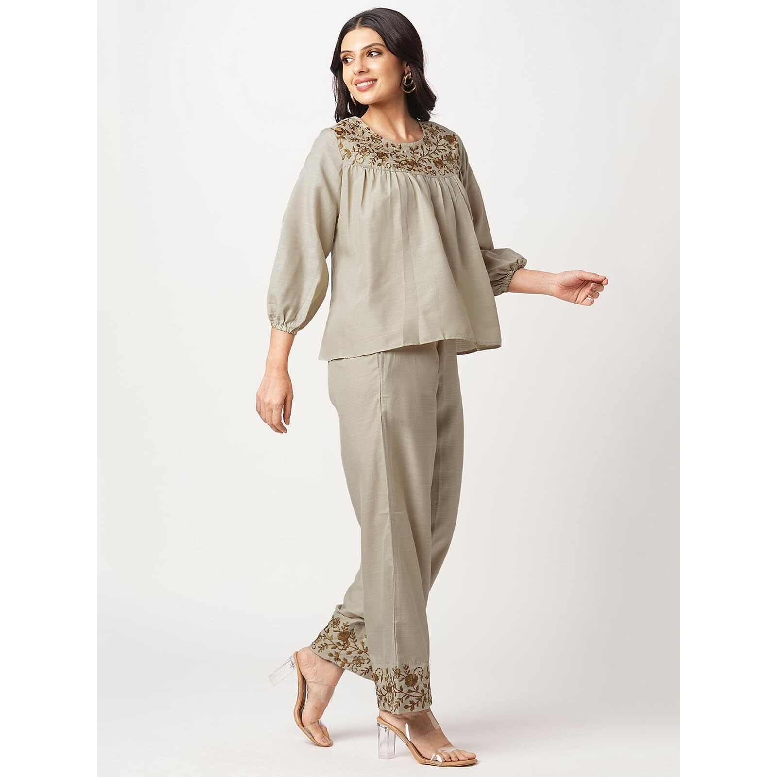 Selvia Women Cotton Blend Solid Co-Ords Ankle Length Dress & Outfit (666Ctk7785N-M_Beige