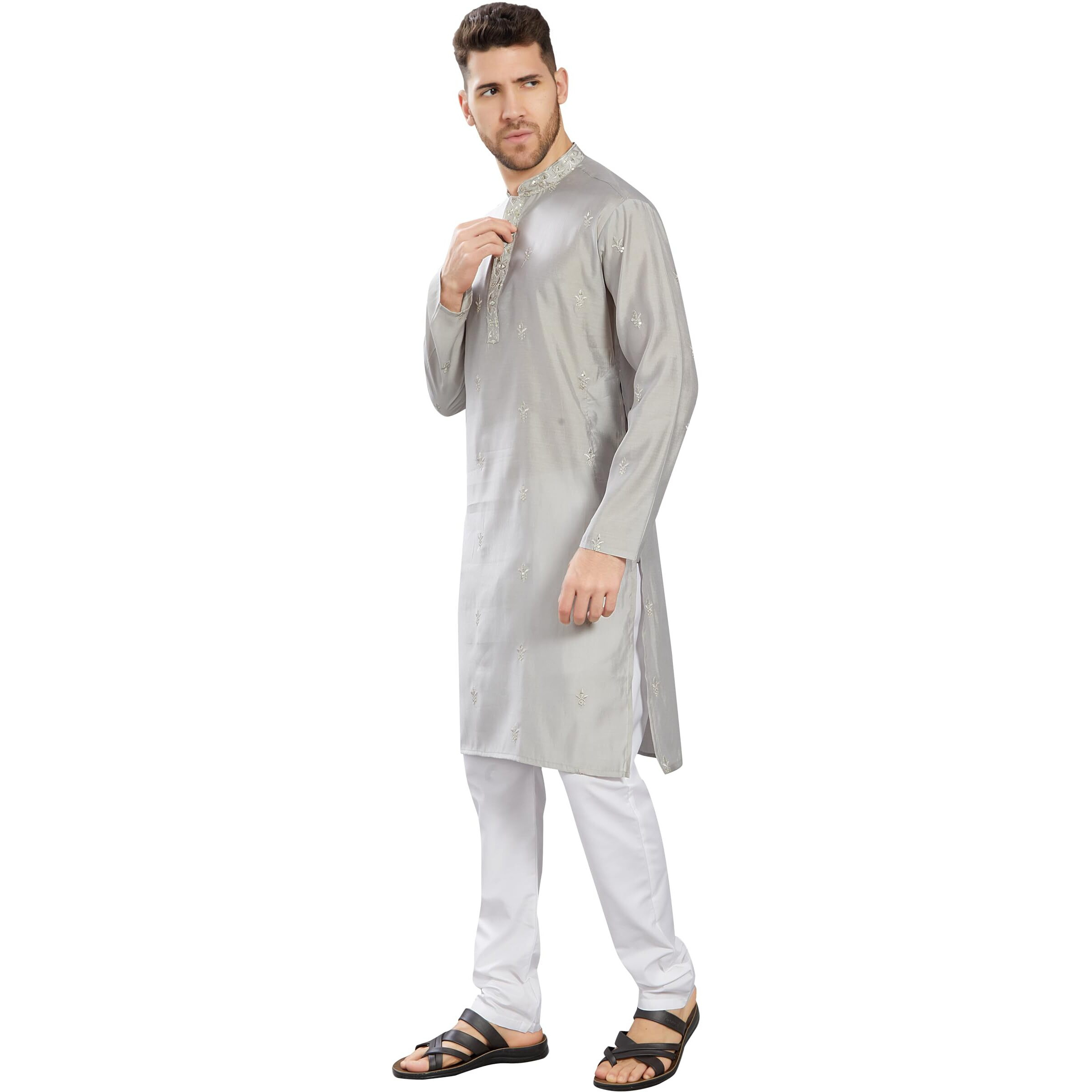 Divisive Men's Embroidered Silk Blend Only Slim Fit Kurta (Dkrt825_Xxl_Grey)