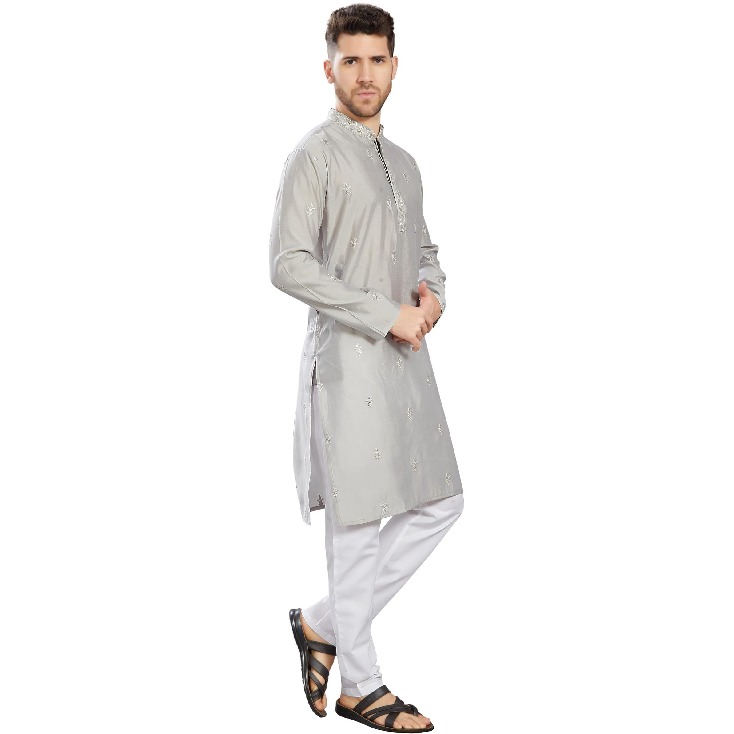 Divisive Men's Embroidered Silk Blend Only Slim Fit Kurta (Dkrt825_Xxl_Grey)