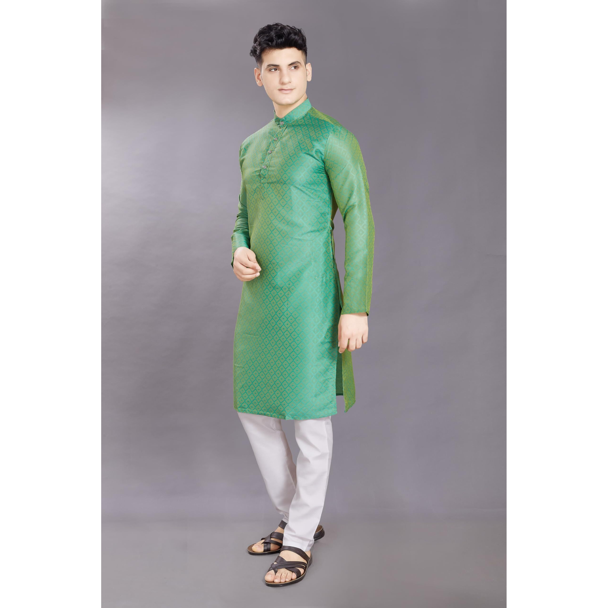 Divisive Men's Self Woven Jequard Art Silk Slim Fit Only Kurta (Dkrt404_S_Bright Green)