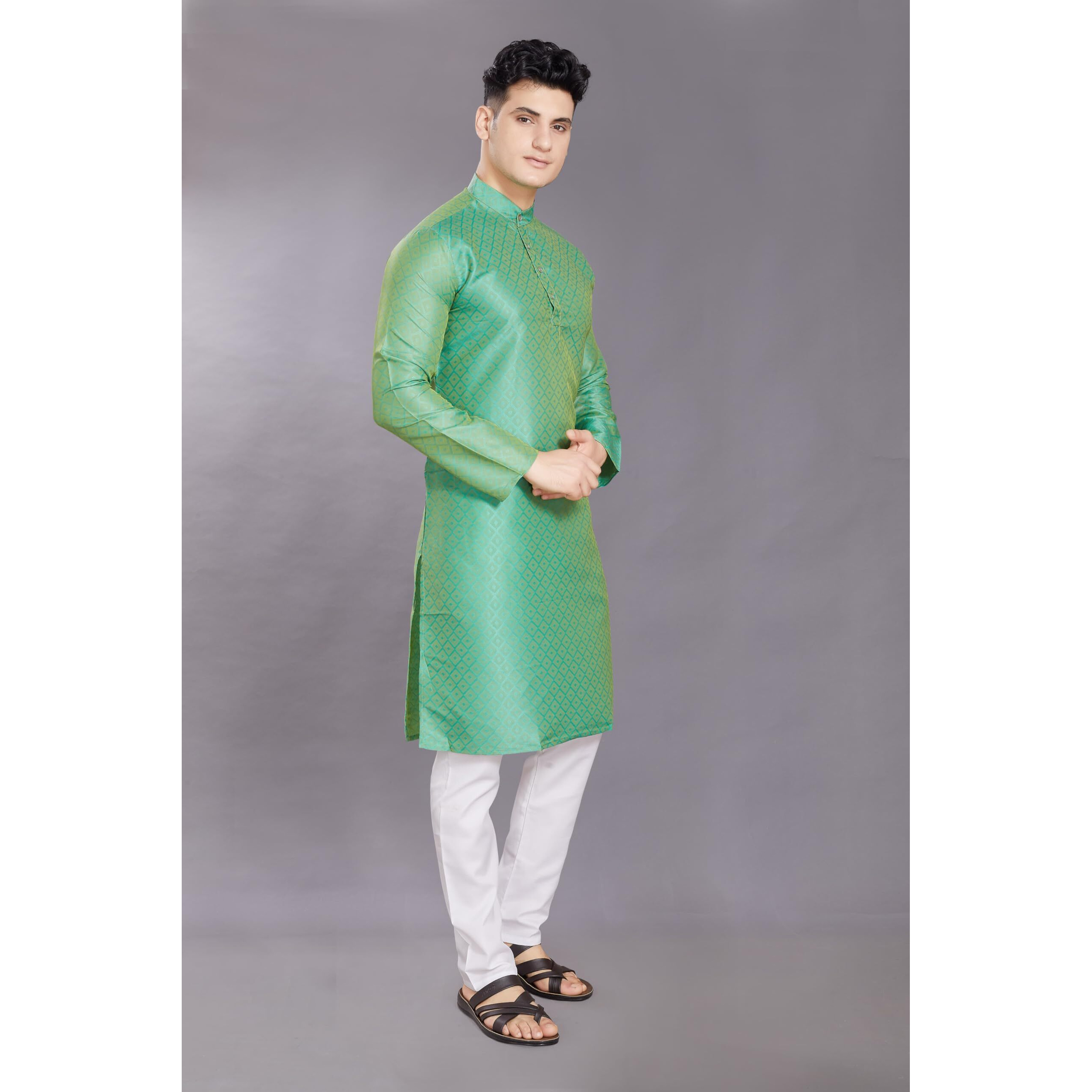 Divisive Men's Self Woven Jequard Art Silk Slim Fit Only Kurta (Dkrt404_S_Bright Green)