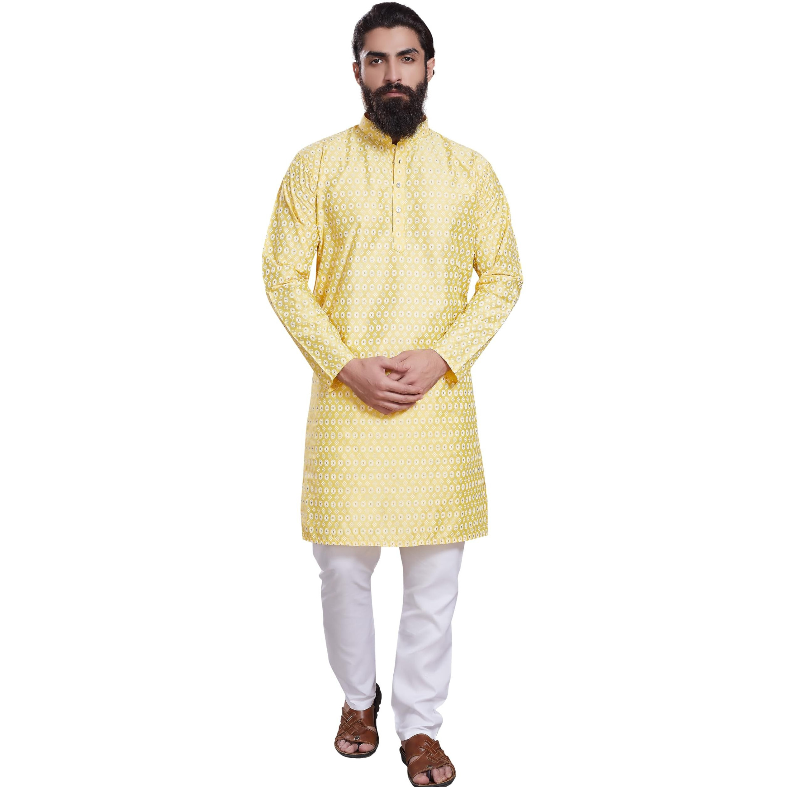 Divisive Men's Printed Cotton Silk Blend Only Slim Fit Kurta (Dkrt217_L_Yellow)