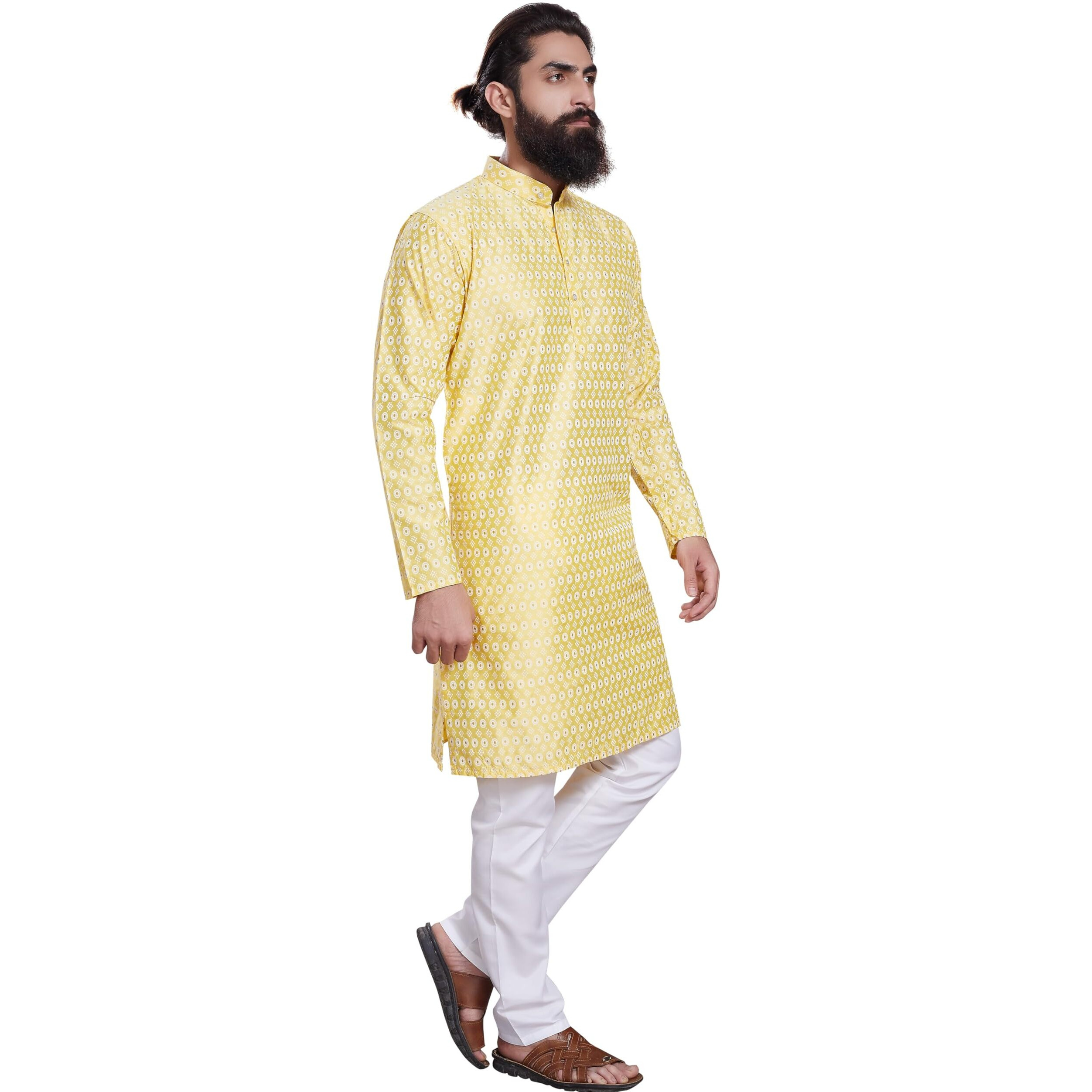 Divisive Men's Printed Cotton Silk Blend Only Slim Fit Kurta (Dkrt217_L_Yellow)