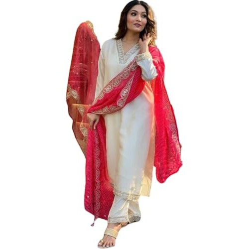 Shiv Textiles Silk Blendembroidery Ethnic Kurta Set For Women(Jd-Panchhi-Offwhite-Xl)