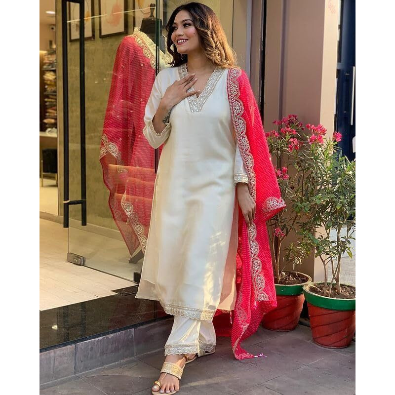 Shiv Textiles Silk Blendembroidery Ethnic Kurta Set For Women(Jd-Panchhi-Offwhite-Xl)