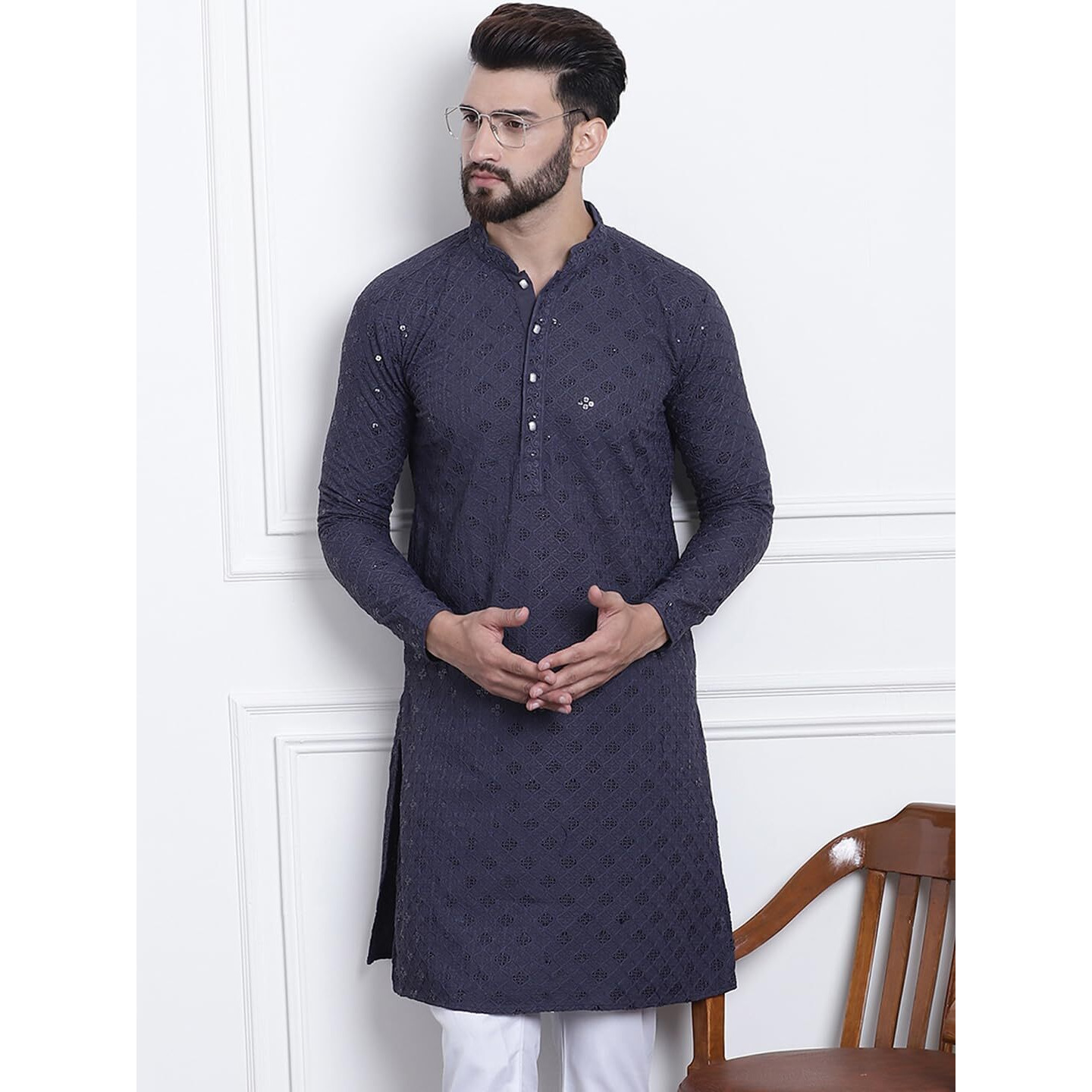 Sojanya (Since 1958 Men's Pure Cotton Grey Sequence Only Long Kurta