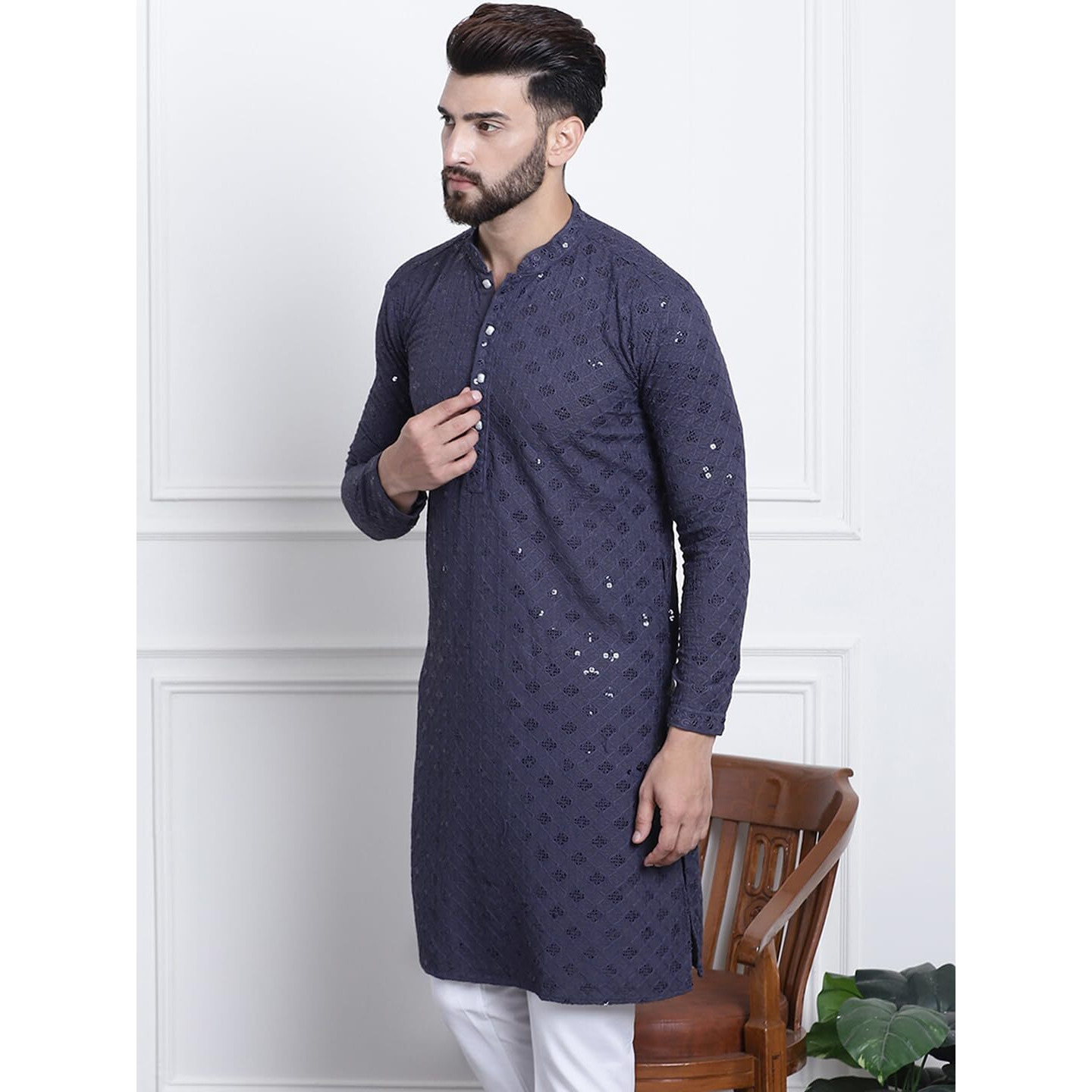 Sojanya (Since 1958 Men's Pure Cotton Grey Sequence Only Long Kurta
