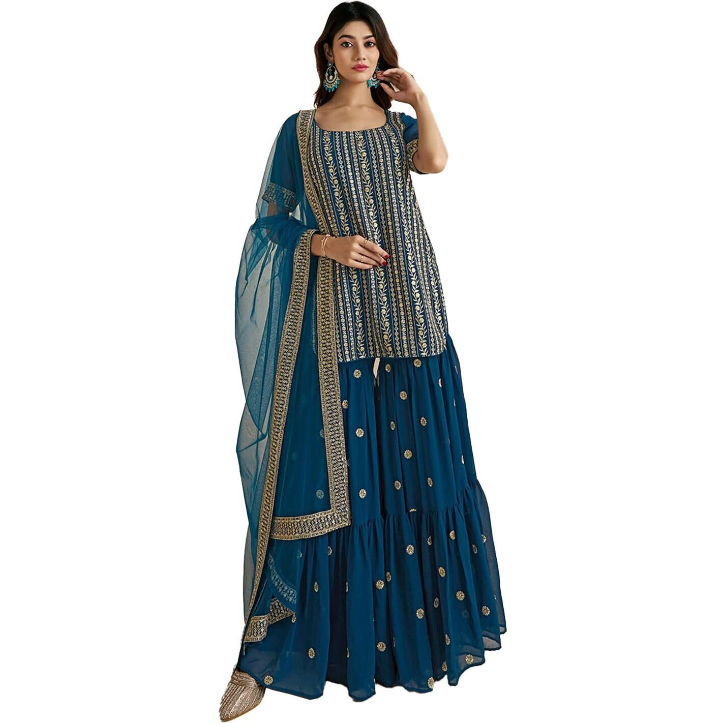 Fashion Basket Georgette Embroidered Kurta Set For Women Turquoise