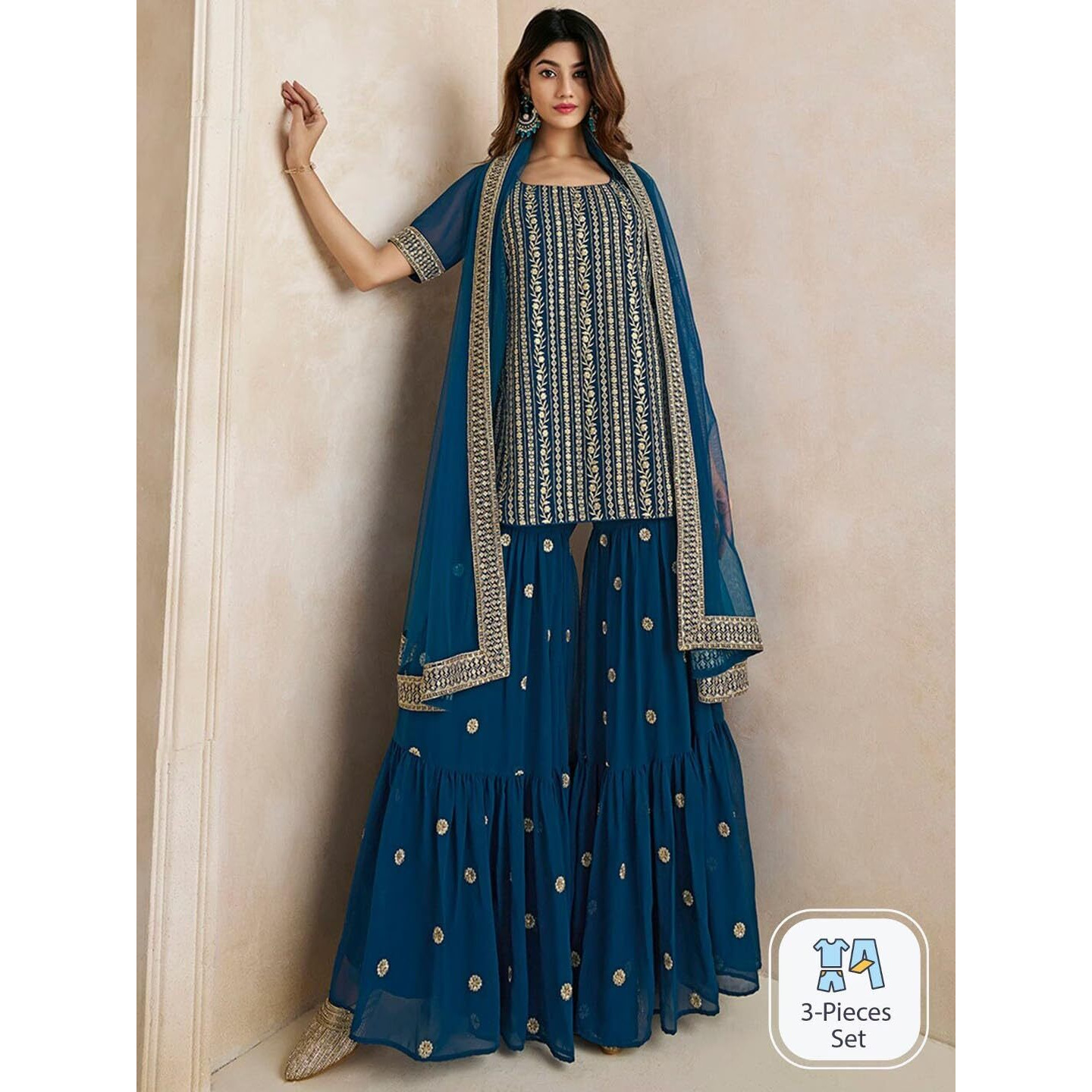 Fashion Basket Georgette Embroidered Kurta Set For Women Turquoise