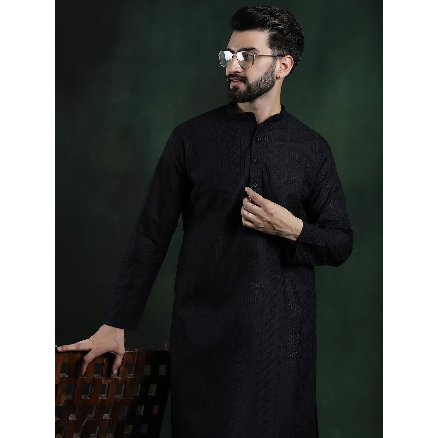 Sojanya (Since 1958 Men's Cotton Thread Embroidered Black Long Kurta