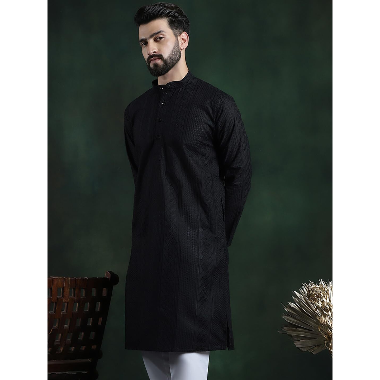 Sojanya (Since 1958 Men's Cotton Thread Embroidered Black Long Kurta