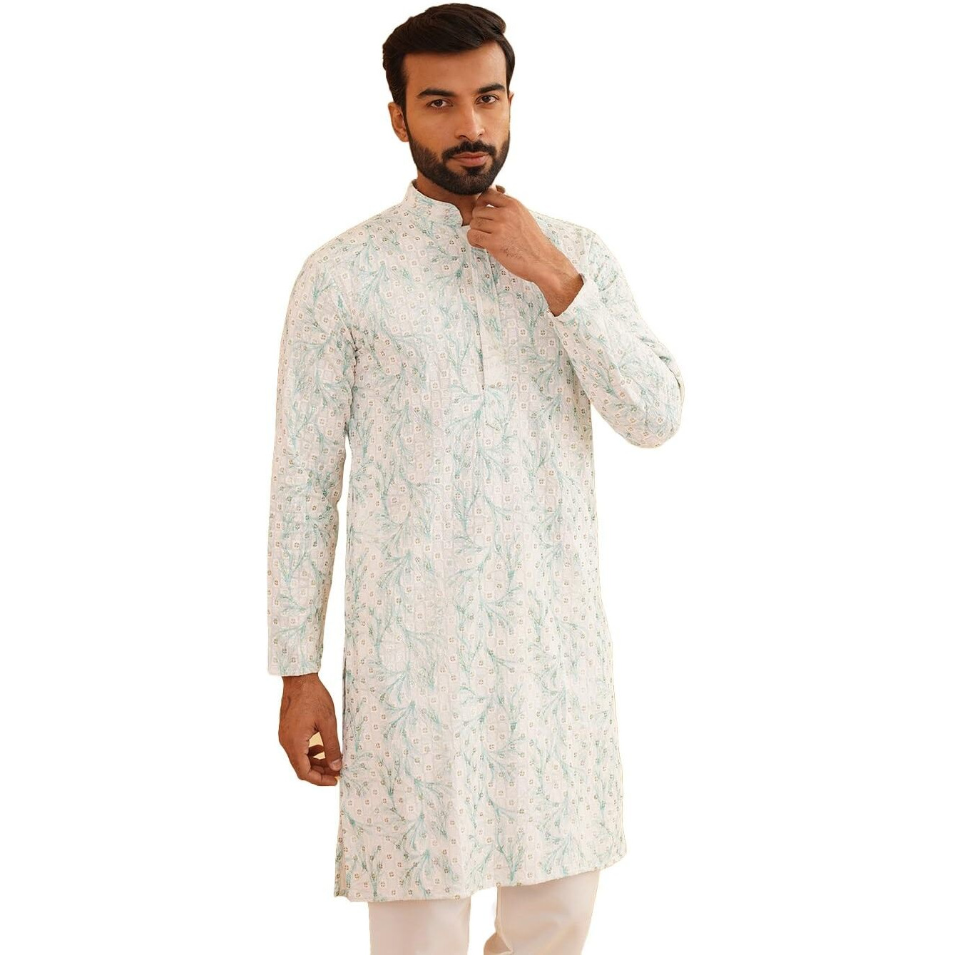 Sojanya (Since 1958 Men's Cotton Gold Sequinned Embroidered White & Green Long Kurta