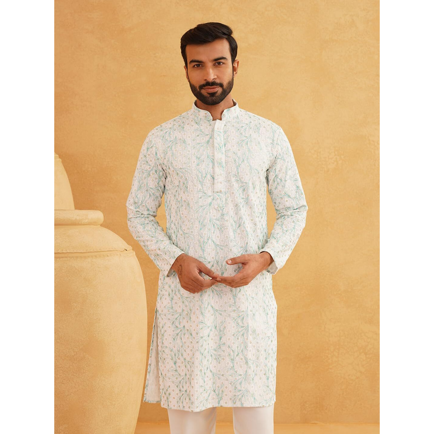 Sojanya (Since 1958 Men's Cotton Gold Sequinned Embroidered White & Green Long Kurta