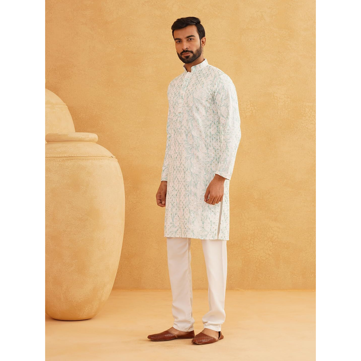 Sojanya (Since 1958 Men's Cotton Gold Sequinned Embroidered White & Green Long Kurta