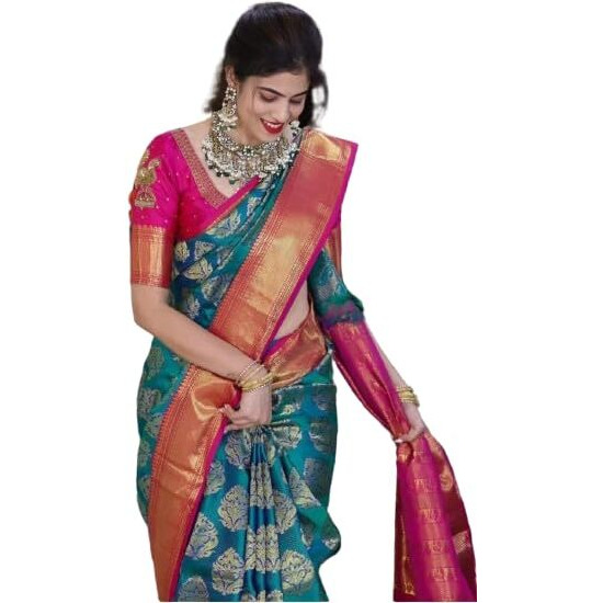 Flosive Women's Teal With Pink Border & Golden Zari Woven Kanjivaram Saree With Blouse