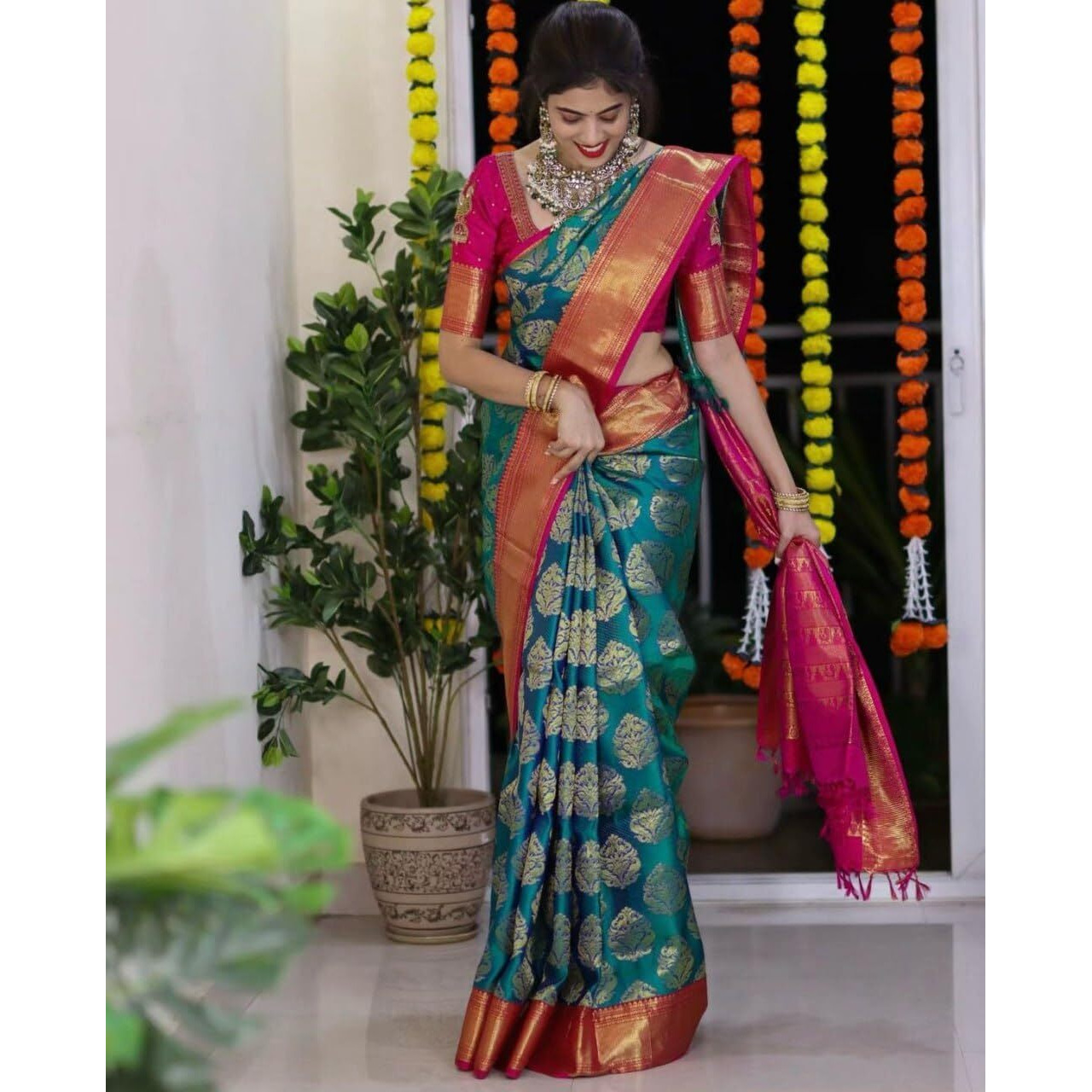 Flosive Women's Teal With Pink Border & Golden Zari Woven Kanjivaram Saree With Blouse