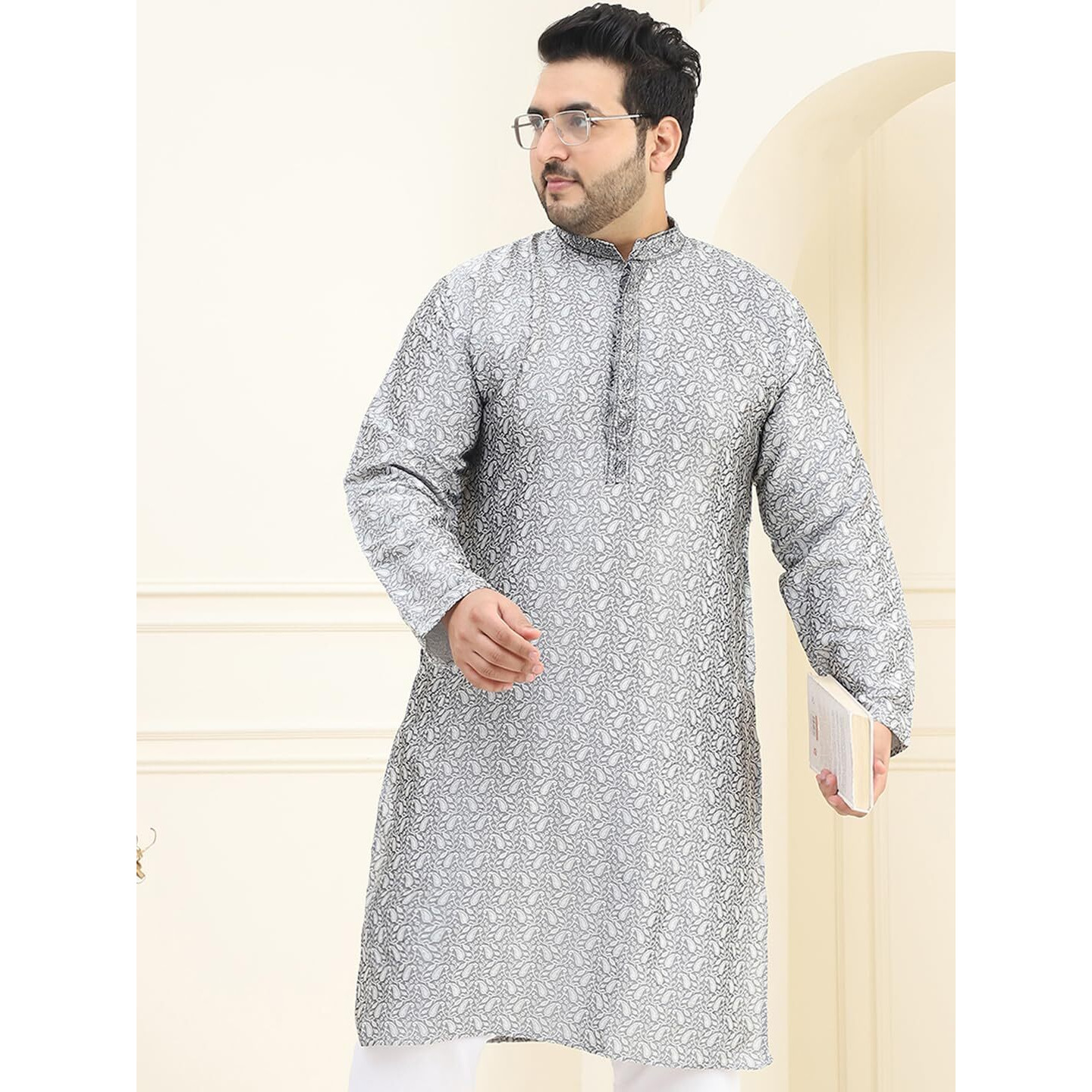 Sojanya Plus (Since 1958) Men's Silk Blend Grey Self Design Only Kurta