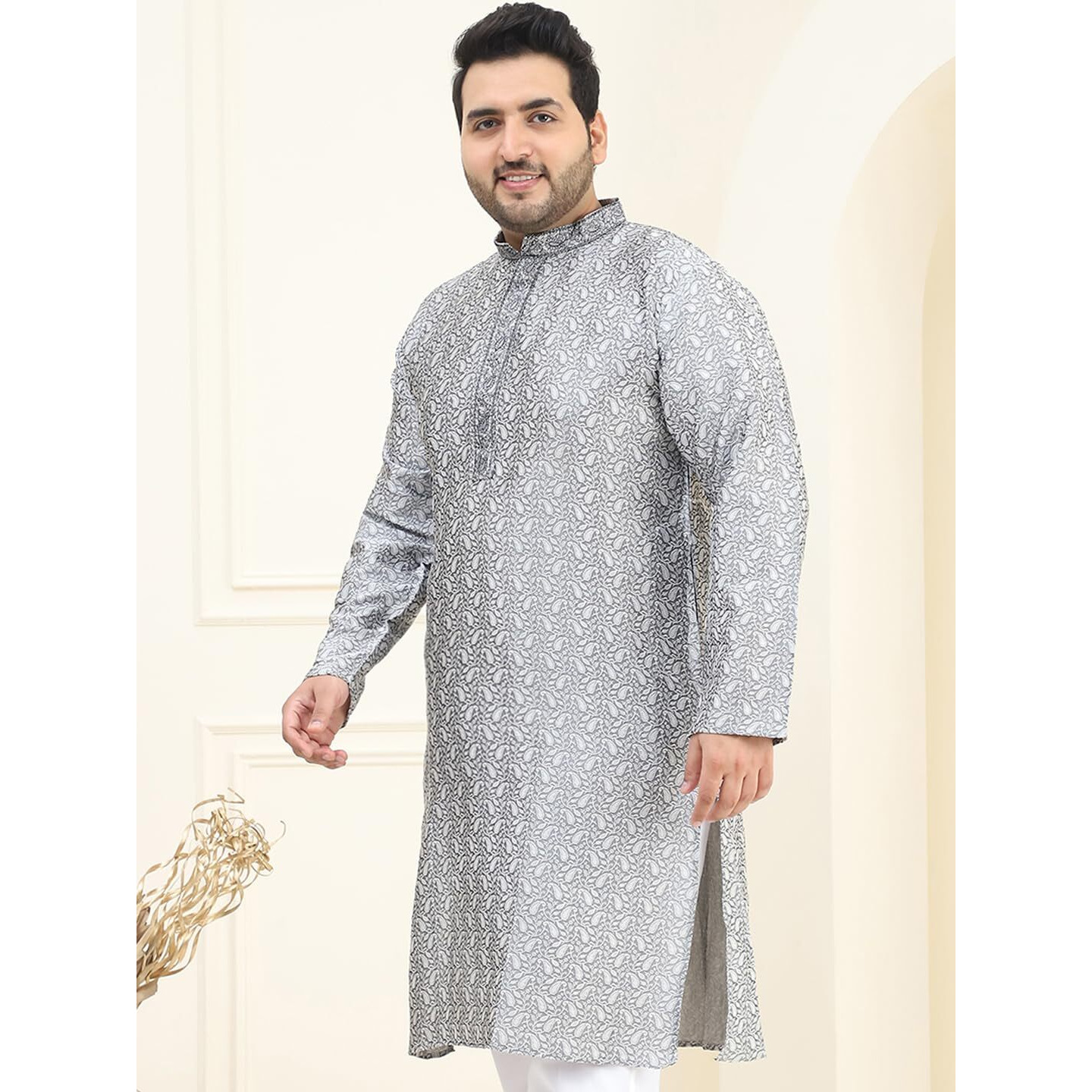 Sojanya Plus (Since 1958) Men's Silk Blend Grey Self Design Only Kurta