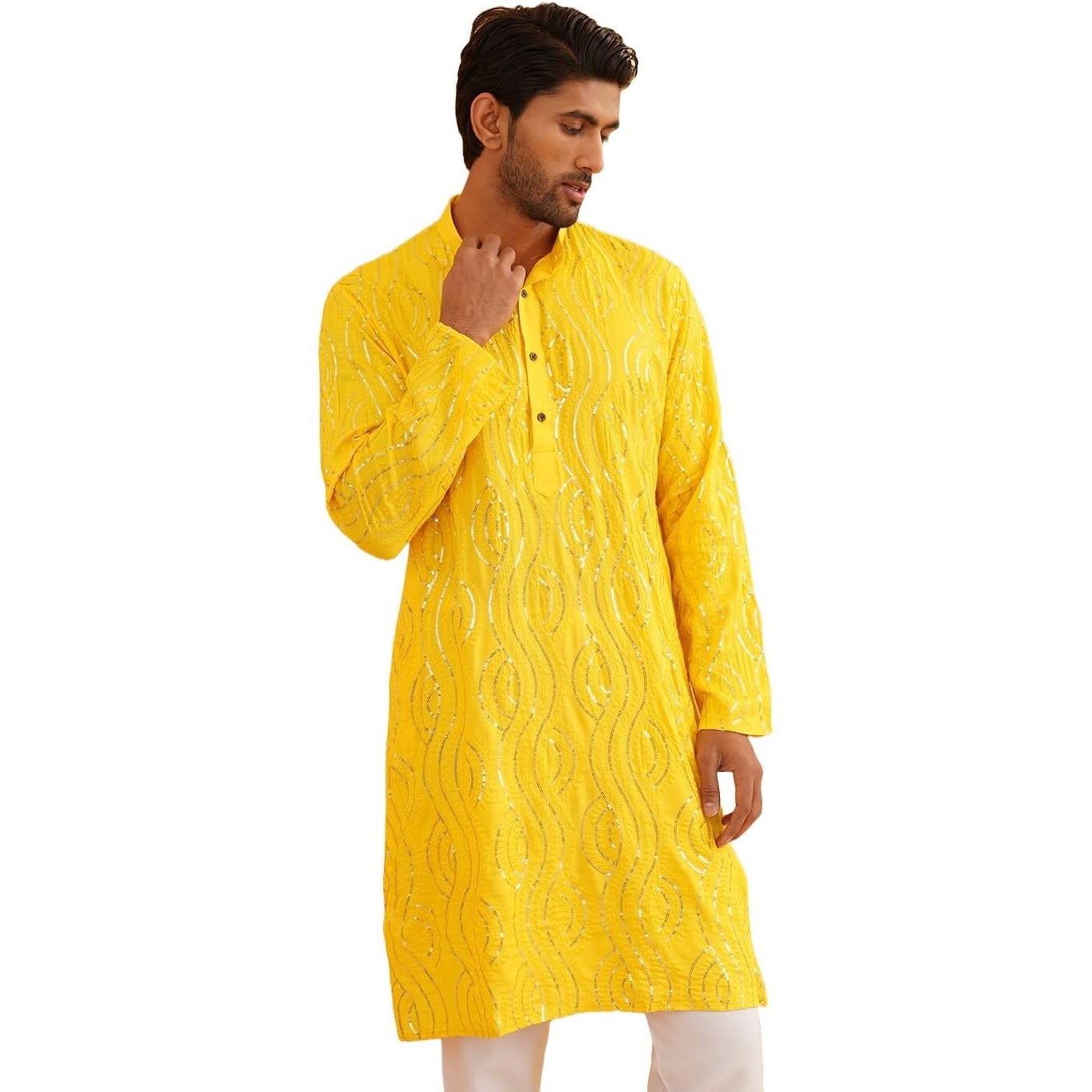 Sojanya (Since 1958 Men's Embroidered Sequinned Cotton Mustard Long Kurta