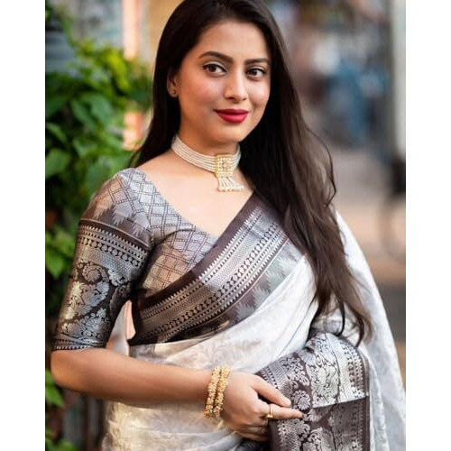 Flosive Women's Greyish To Brown Woven Kanjivaram Wedding Saree With Blouse