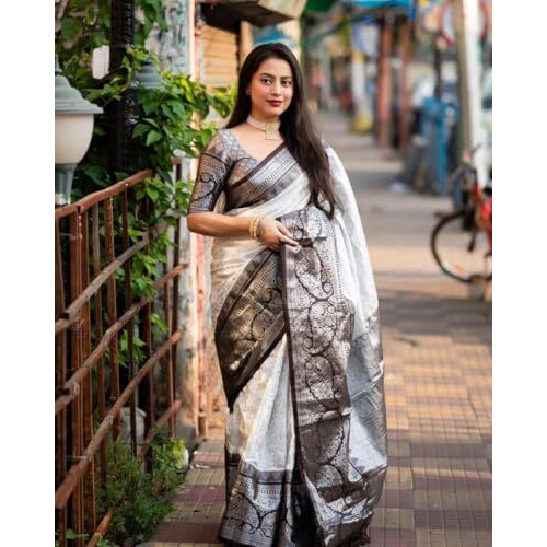 Flosive Women's Greyish To Brown Woven Kanjivaram Wedding Saree With Blouse
