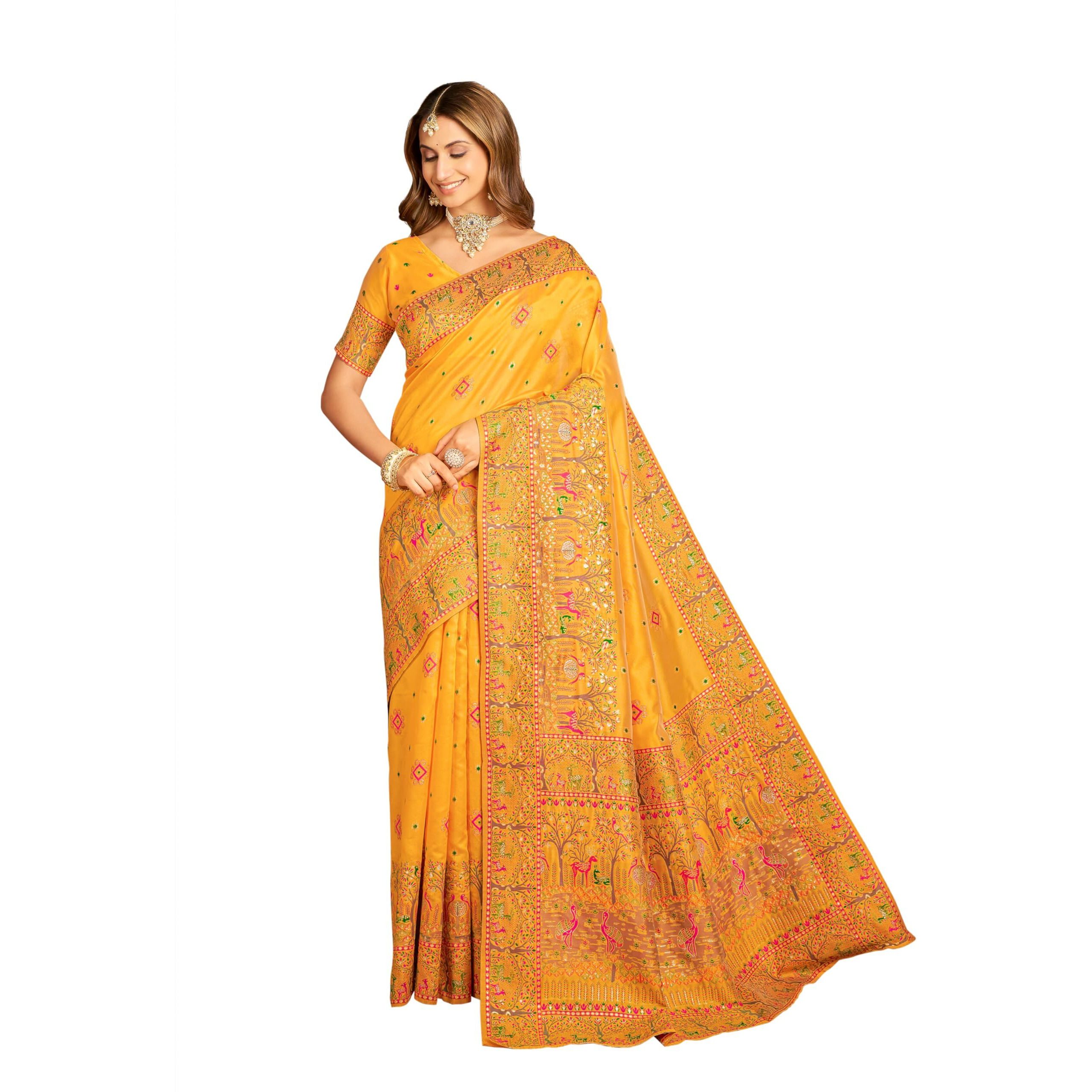 Glory Sarees Women's Kashmiri Pashmina Cotton Silk Saree With Blouse Piece (Purekashmiripashmina103_Yellow)