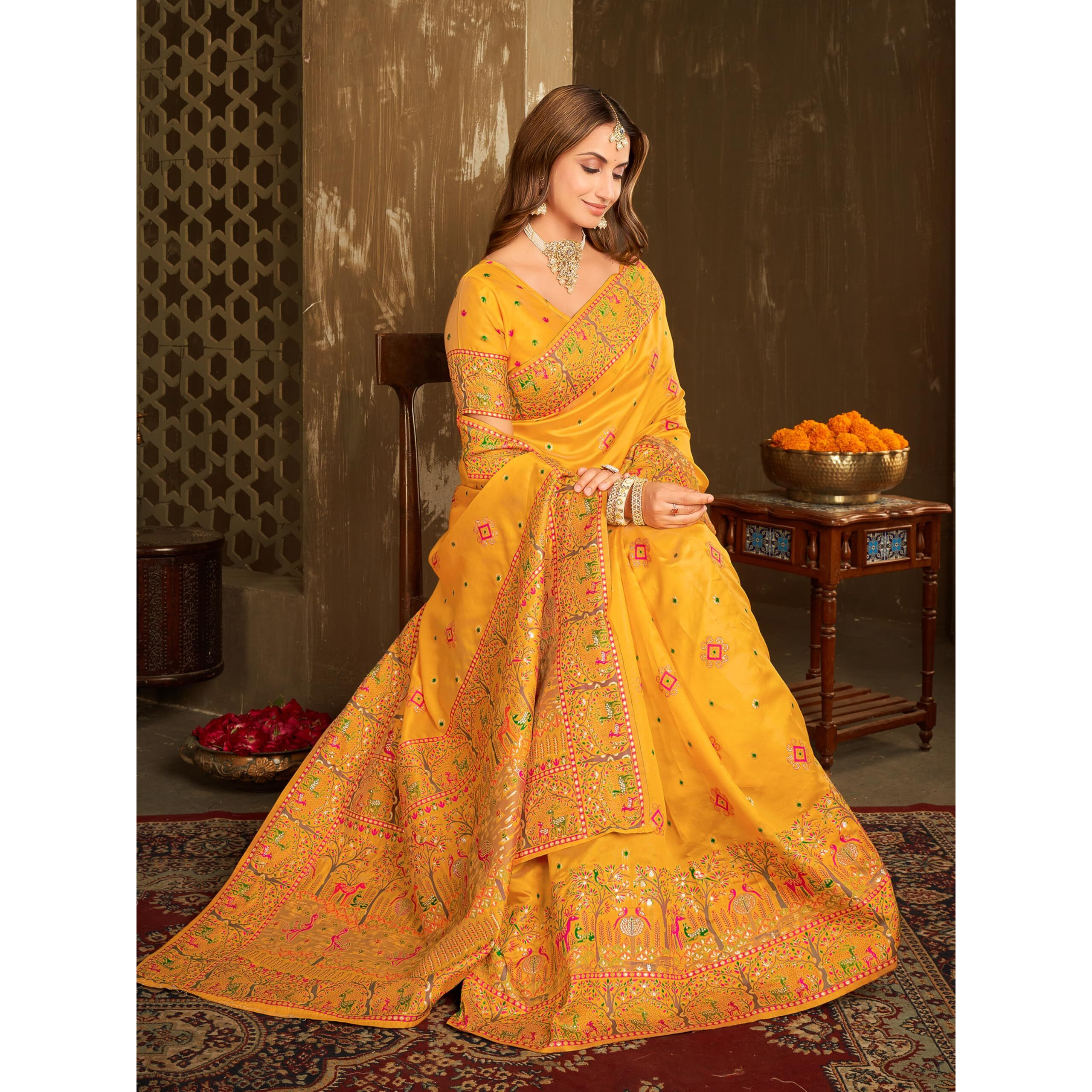 Glory Sarees Women's Kashmiri Pashmina Cotton Silk Saree With Blouse Piece (Purekashmiripashmina103_Yellow)