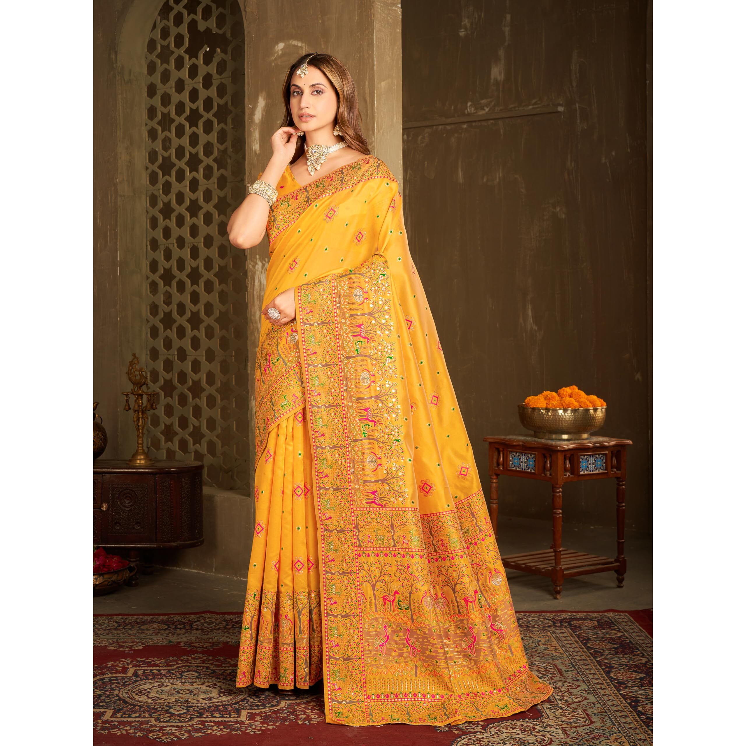 Glory Sarees Women's Kashmiri Pashmina Cotton Silk Saree With Blouse Piece (Purekashmiripashmina103_Yellow)