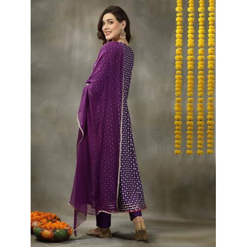 Stylum Women's Bandhej Printed & Embroidered Rayon Anarkali Kurta Pant Dupatta Set (Kpdvoiltrisha36_Violet, S)