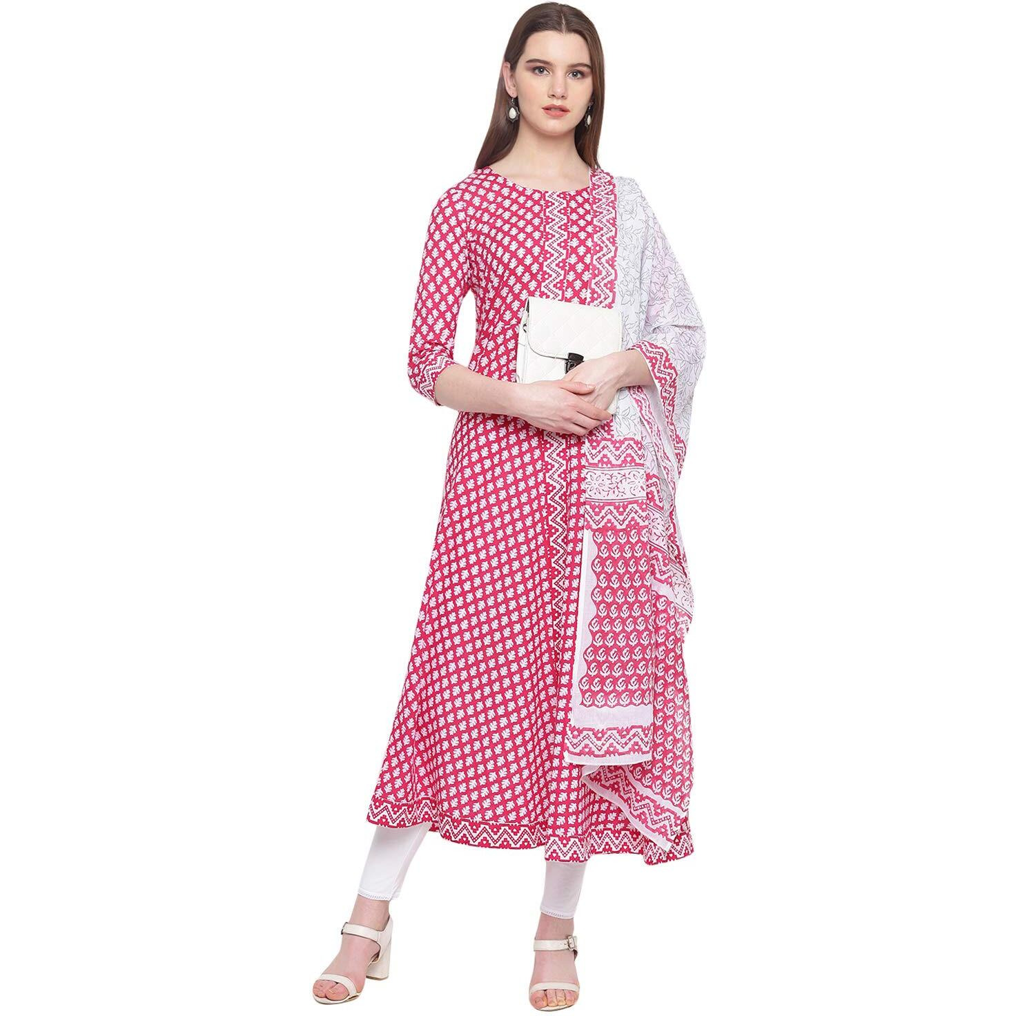 Stylum Women's Printed Cotton Flared Kurta With Dupatta (Summerpinkkdset36_Pink, S)