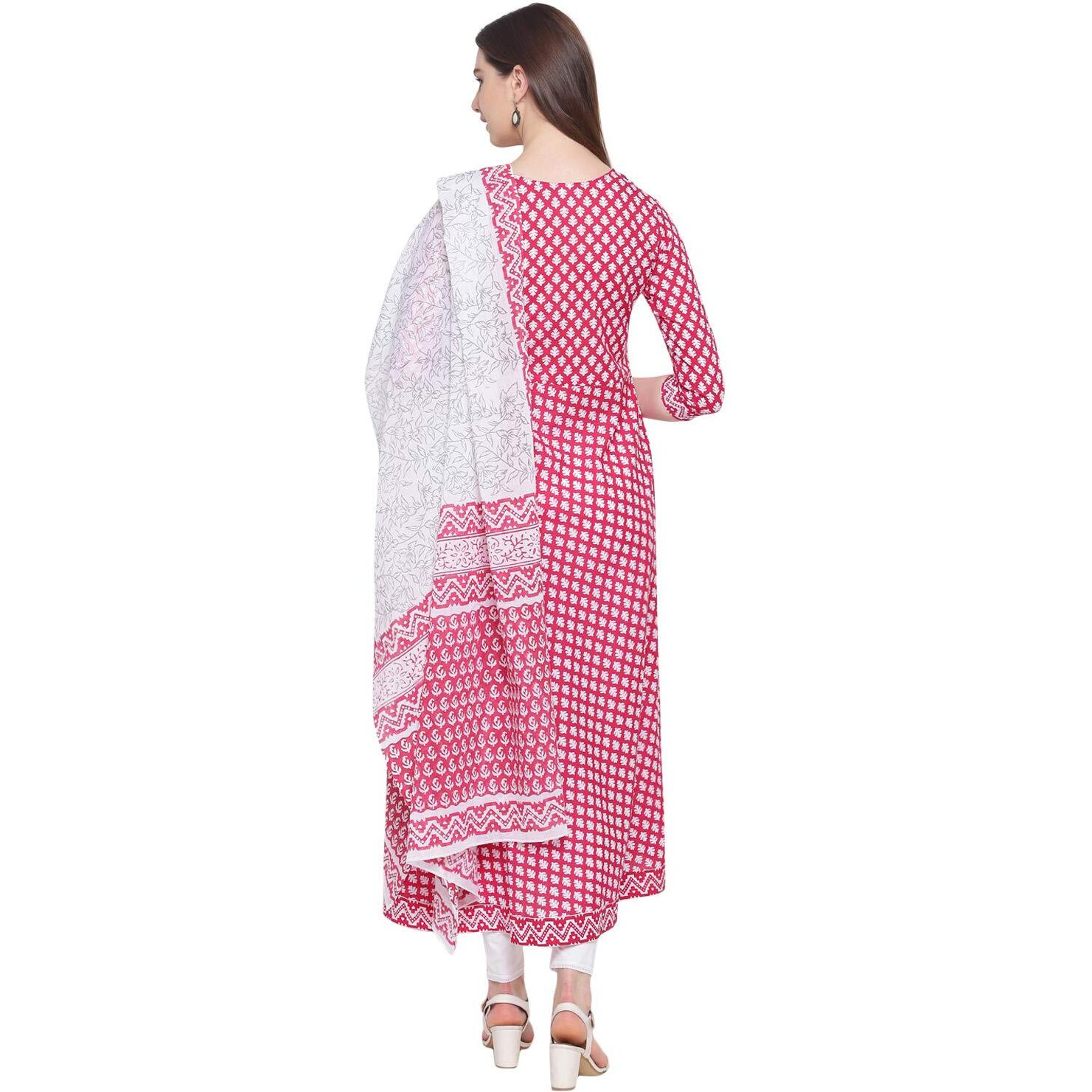 Stylum Women's Printed Cotton Flared Kurta With Dupatta (Summerpinkkdset36_Pink, S)