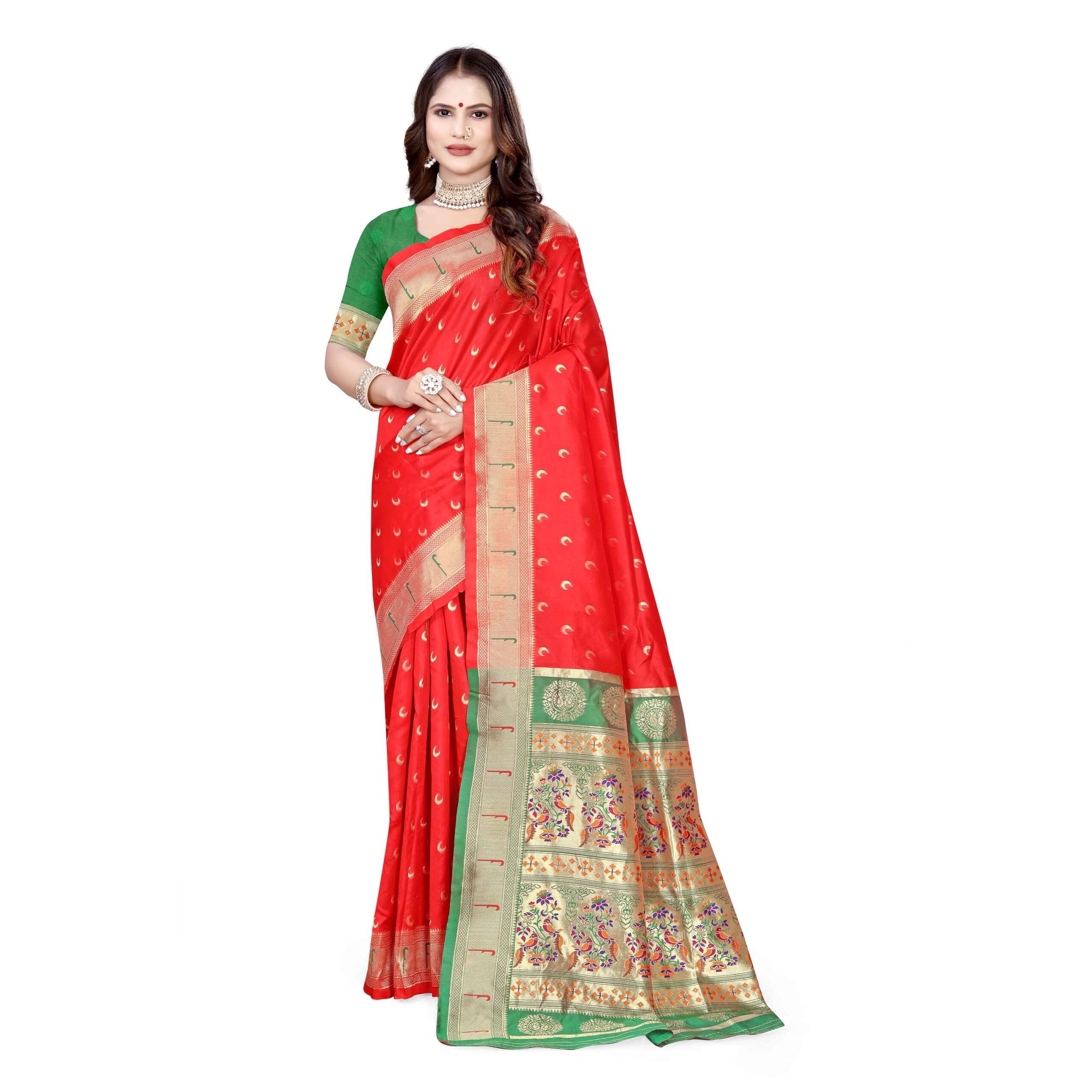 Sugathari Women's Banarasi Saree Pure Paithani Kanjivaram Silk Soft New Ladies 2024 Design Wear Pattu Sarees Latest Cotton Party Sari Collections With Blouse Piece For Wedding Sadi (Pari-206 Red)