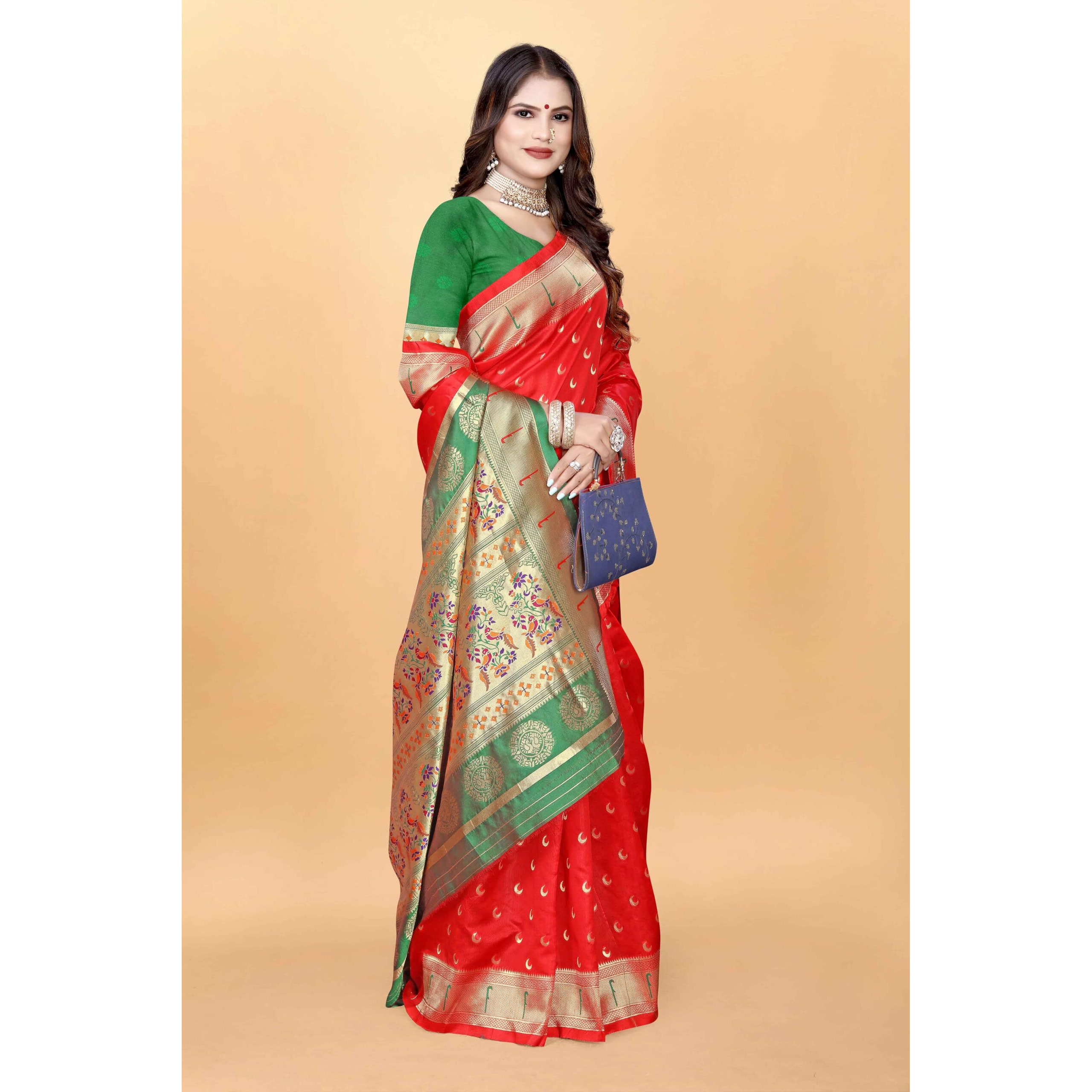 Sugathari Women's Banarasi Saree Pure Paithani Kanjivaram Silk Soft New Ladies 2024 Design Wear Pattu Sarees Latest Cotton Party Sari Collections With Blouse Piece For Wedding Sadi (Pari-206 Red)