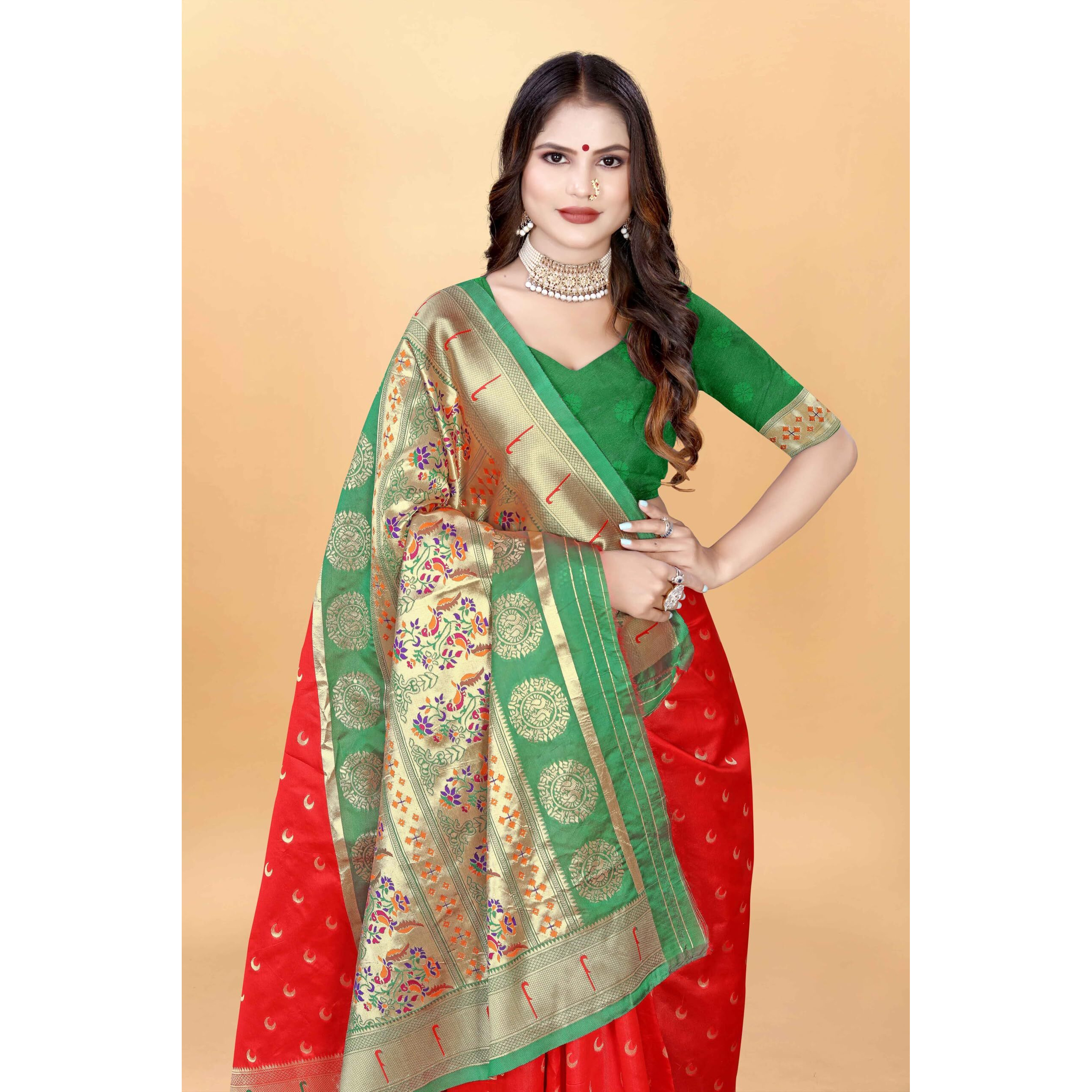 Sugathari Women's Banarasi Saree Pure Paithani Kanjivaram Silk Soft New Ladies 2024 Design Wear Pattu Sarees Latest Cotton Party Sari Collections With Blouse Piece For Wedding Sadi (Pari-206 Red)