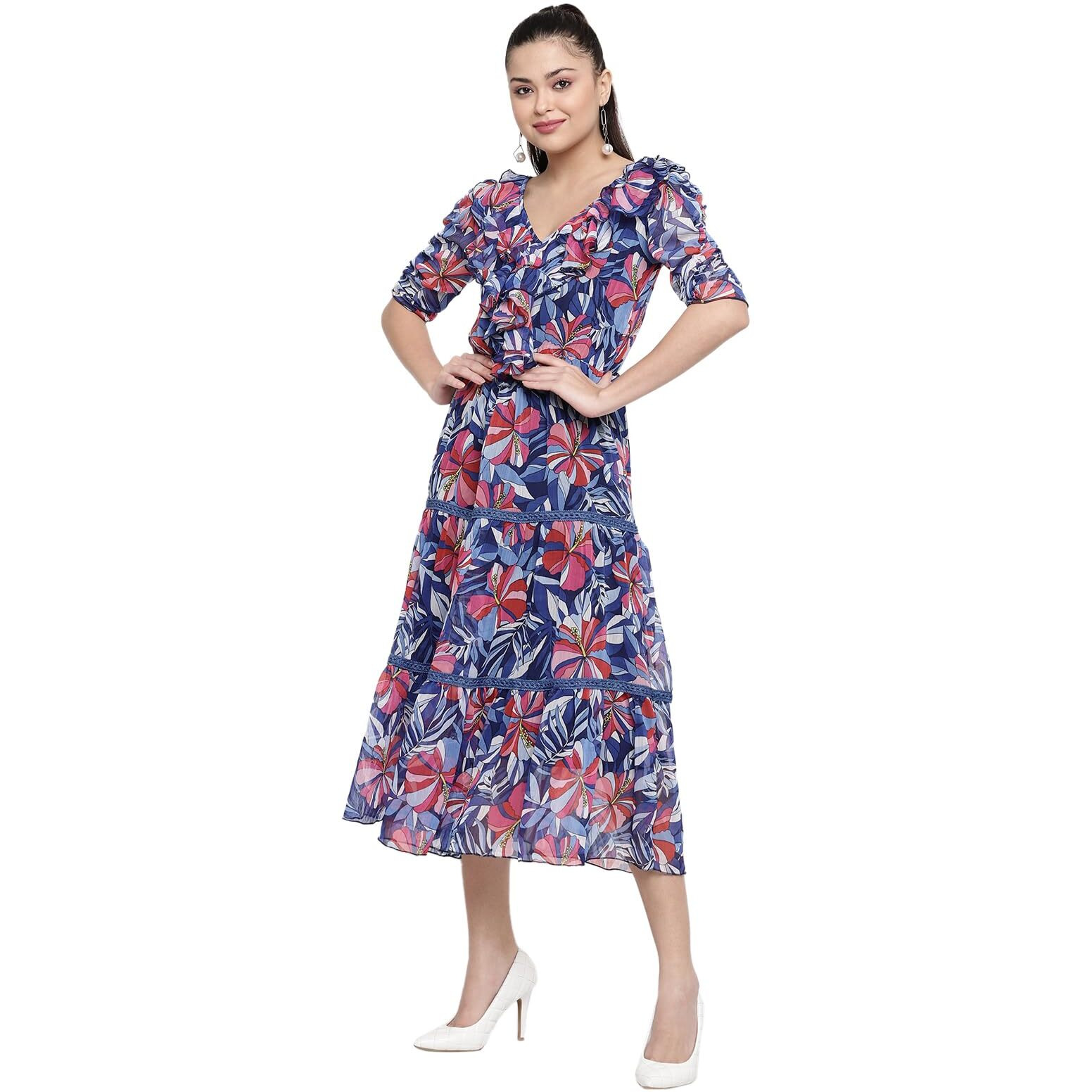 Sugathari Women's Blue Floral Print Tiered Midi Fit & Flare Dress With Ruffles (Ruffle Dress2 38 Blue L)