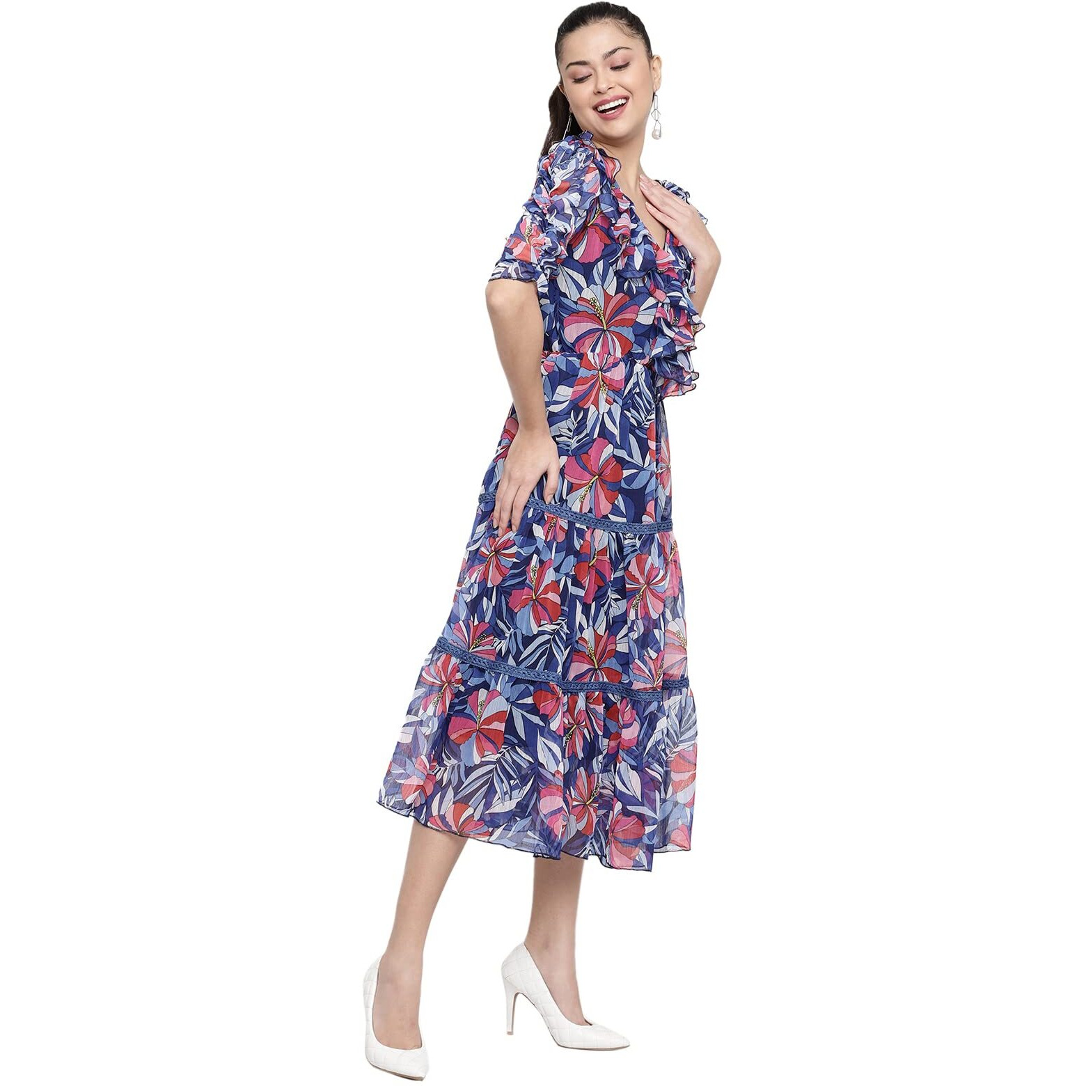 Sugathari Women's Blue Floral Print Tiered Midi Fit & Flare Dress With Ruffles (Ruffle Dress2 38 Blue L)