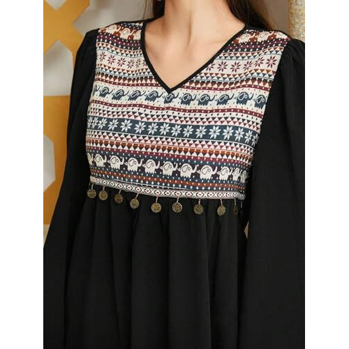 Tadkee Women's Geometric Pattern V-Neck Bell Sleeve One Piece Dress (Fn-V-Flared-One-Piece-126-Black-M)