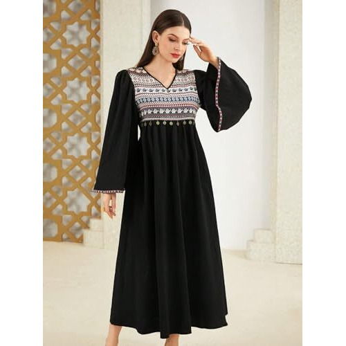 Tadkee Women's Geometric Pattern V-Neck Bell Sleeve One Piece Dress (Fn-V-Flared-One-Piece-126-Black-M)